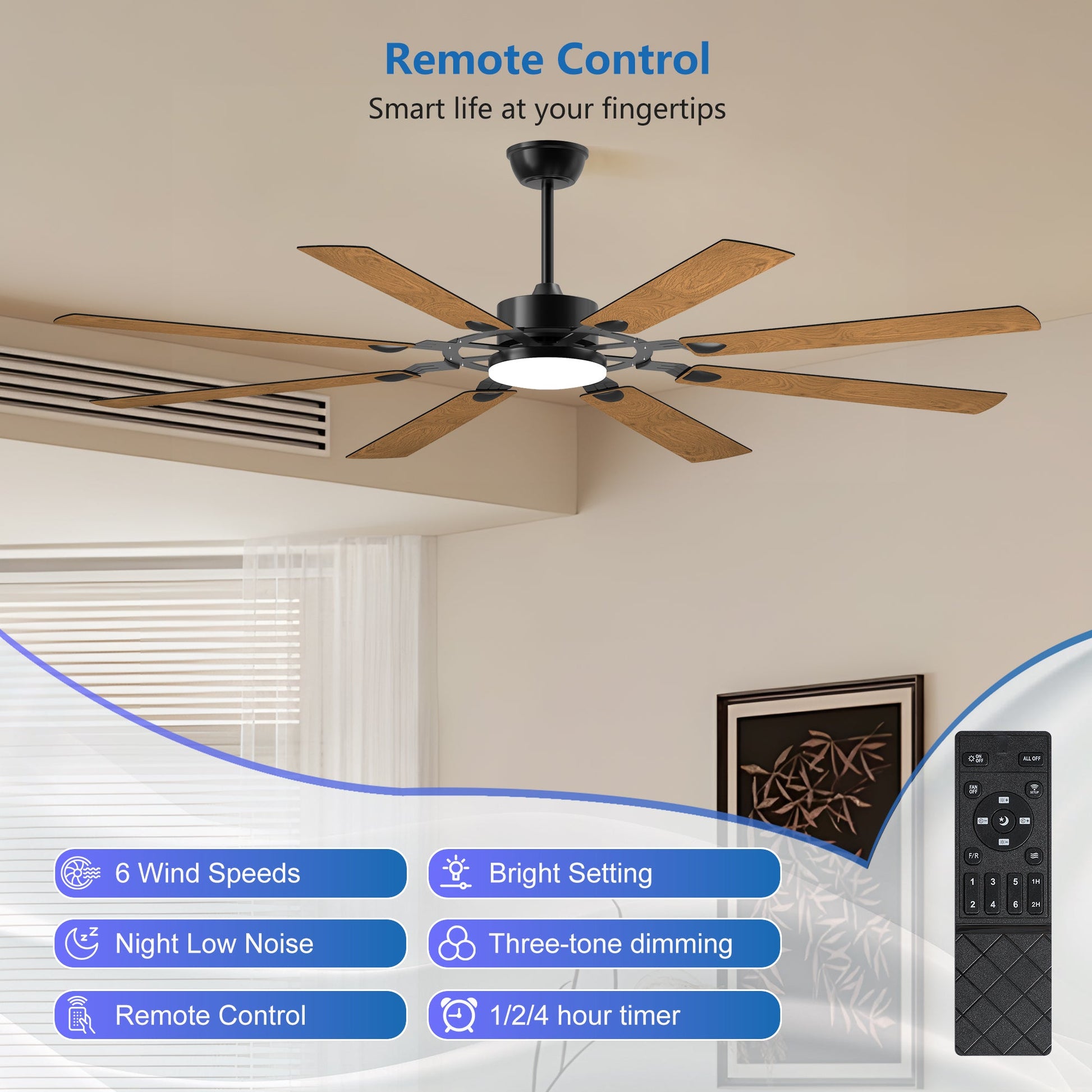 72 - Inch 8 - Blade Large Ceiling Fan,Reversible Quiet DC Motor,Indoor/Outdoor Modern Ceiling Fan,Suitable for Kitchen,Living Room and Terrace,Black. - 1st Choice Furniture Direct