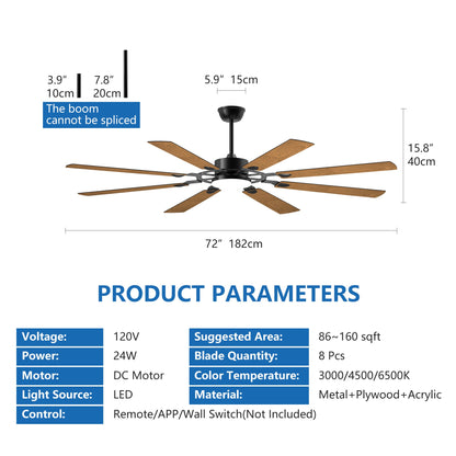 72 - Inch 8 - Blade Large Ceiling Fan,Reversible Quiet DC Motor,Indoor/Outdoor Modern Ceiling Fan,Suitable for Kitchen,Living Room and Terrace,Black. - 1st Choice Furniture Direct