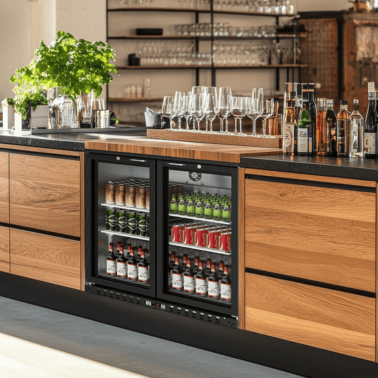 7.4 Cu.Ft Back Bar Cooler 35.4' W Beverage Refrigerator, 2 Low-E Glass Doors, Counter Height Bar Fridge, Commercial Display Refrigerator Anti-Fog, LED Light Beer, Wine, Soda, Soft Drinks - 1st Choice Furniture Direct