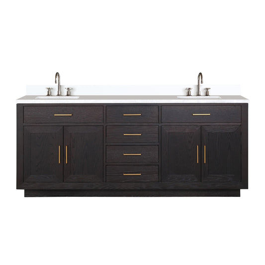 Black Oak Double Bath Vanity 80 in. W x 22 in. D, White Quartz Top, and Faucet Set