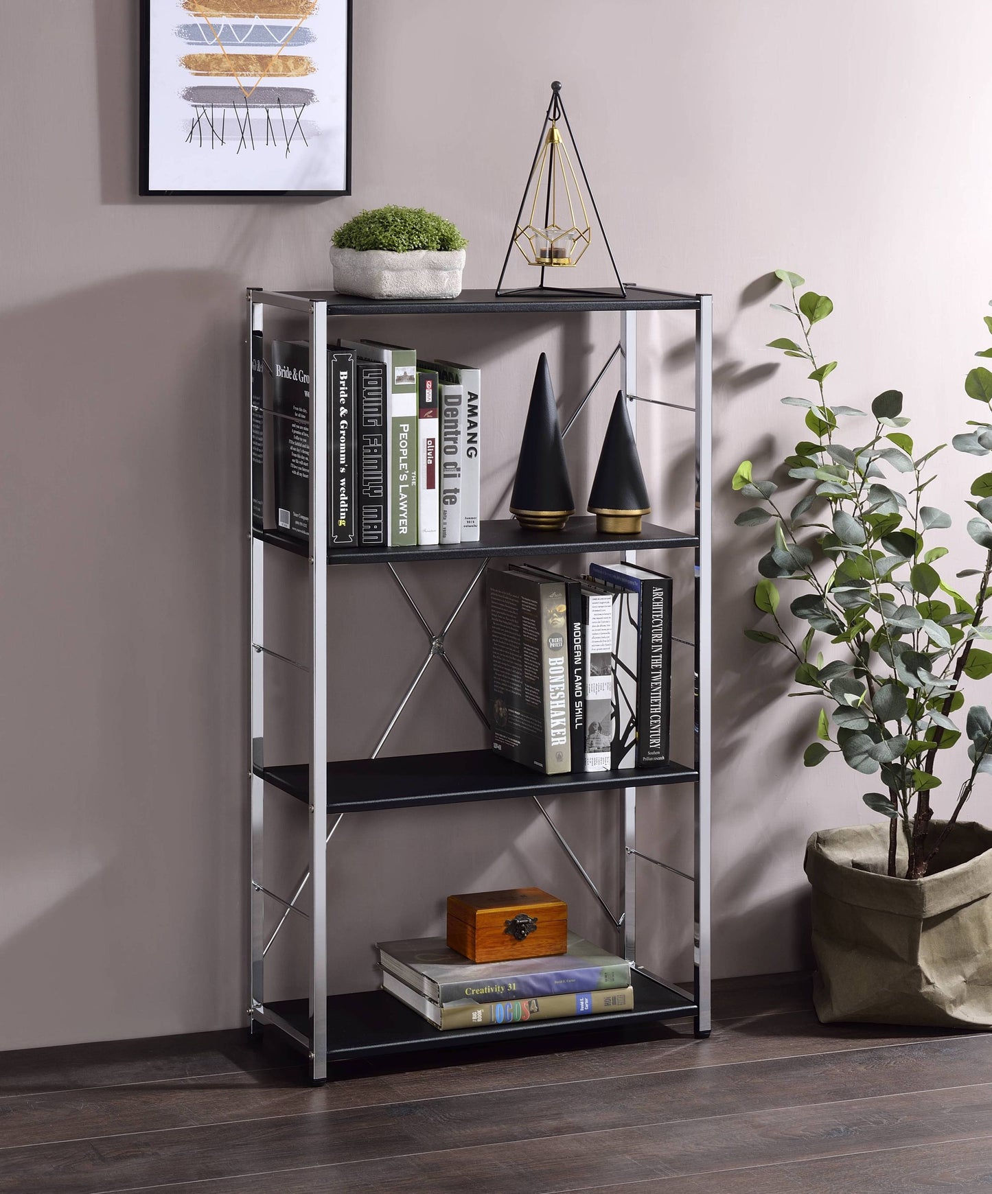 Black 4-Tier Bookcase with Chrome Metal Frame
