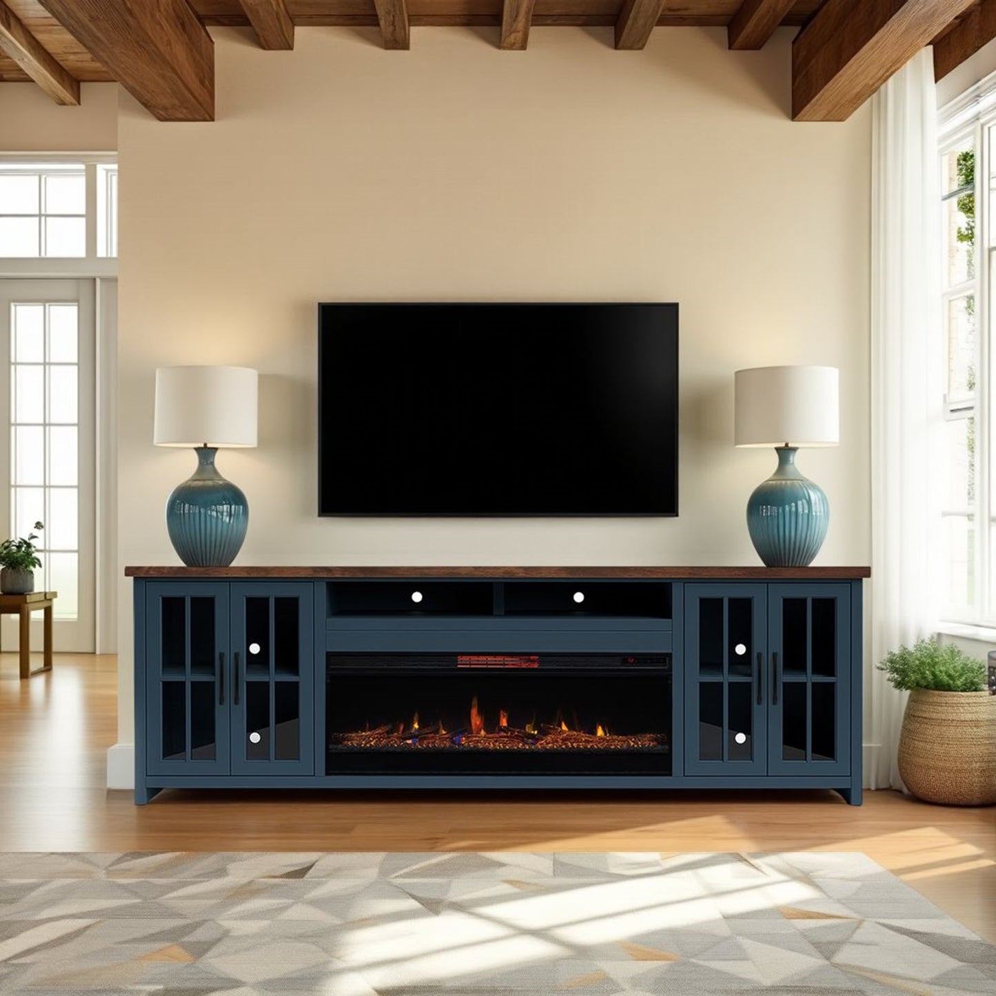 97 inch Fireplace TV Stand Console for TVs up to 100 inches, Minimal Assembly, Blue Denim and Whiskey Finish
