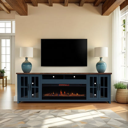97 inch Fireplace TV Stand Console for TVs up to 100 inches, Minimal Assembly, Blue Denim and Whiskey Finish