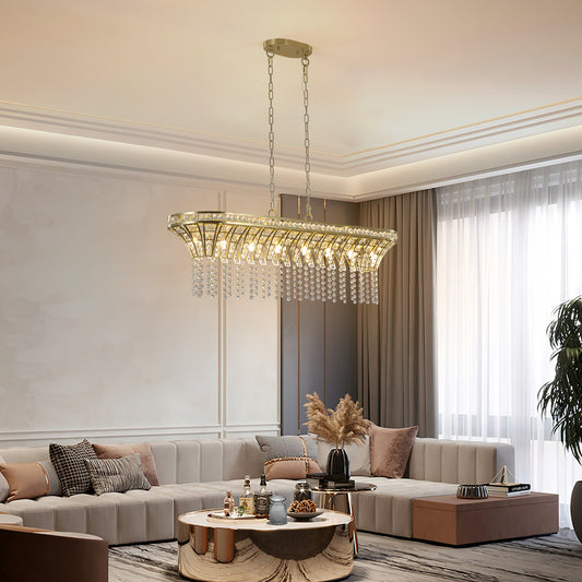 39' Modern Crystal Linear Rectangle Chandelier with Gold Finish, Elegant Pendant Light with Cascading Beads, for Dining Room, Living Room, or Foyer (Bulb Not Included)