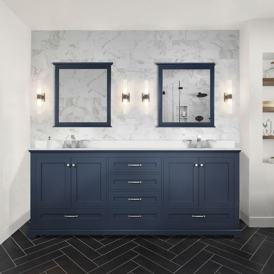Navy Blue Double Bath Vanity 80 in. W x 22 in. D, White Quartz Top, and 30 in. Mirrors