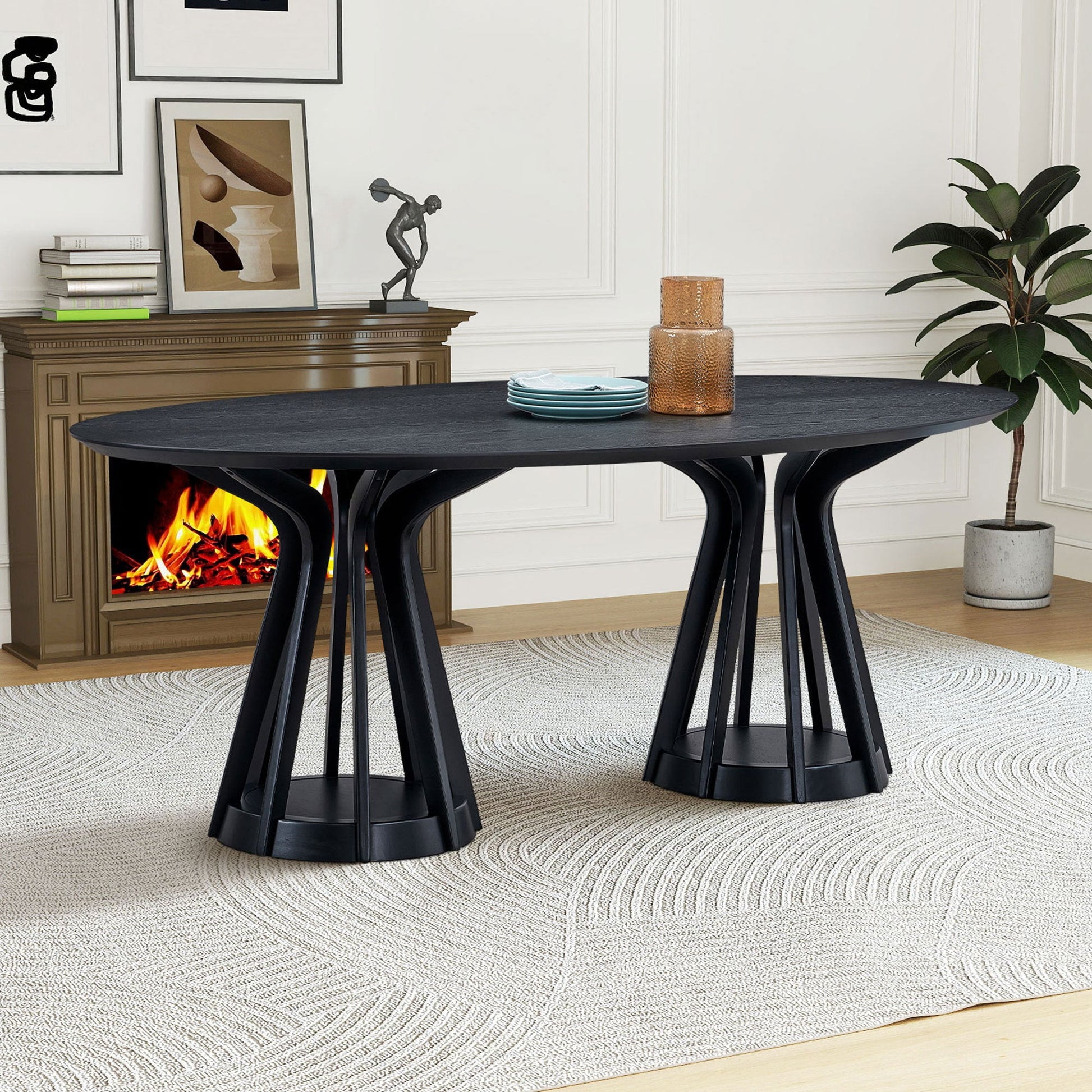 78.74 Inch Modern Dining Table Ellipse Wooden Table for Living Room,Oval MDF Table with Sturdy Pedestal for Restaurant,Black - 1st Choice Furniture Direct