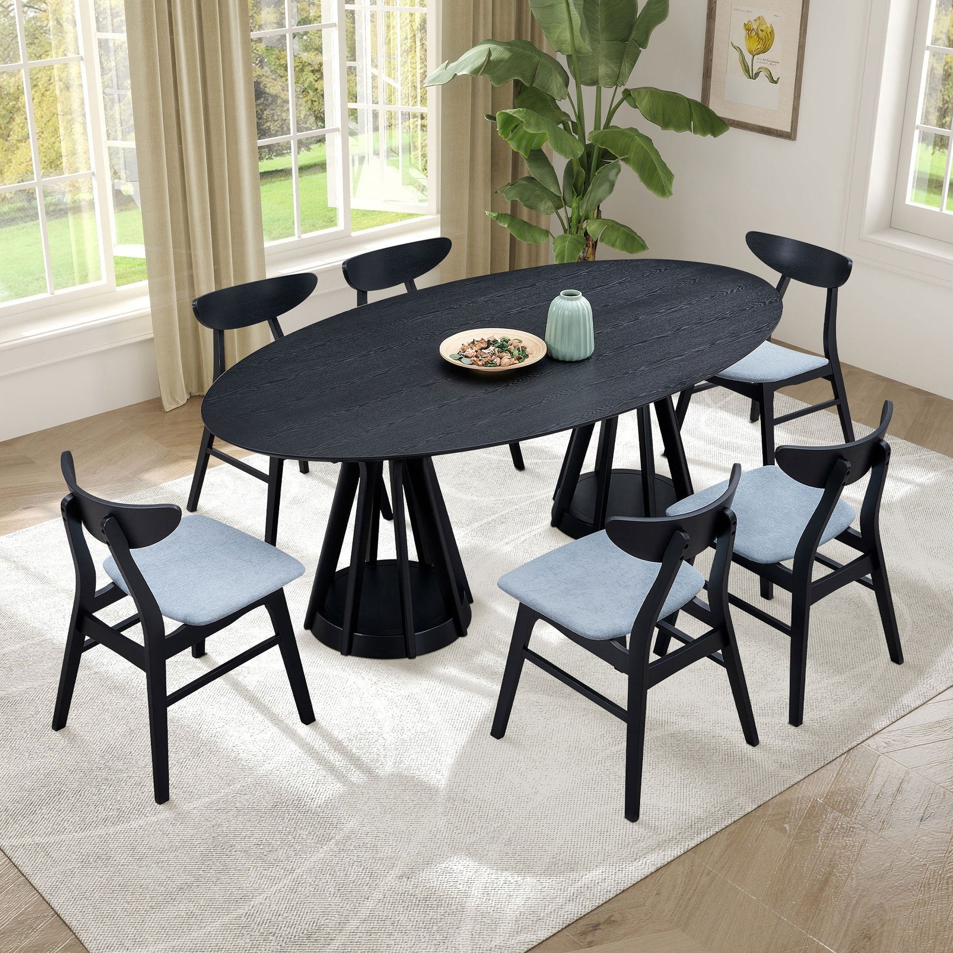 78.74 Inch Modern Dining Table Ellipse Wooden Table for Living Room,Oval MDF Table with Sturdy Pedestal for Restaurant,Black - 1st Choice Furniture Direct
