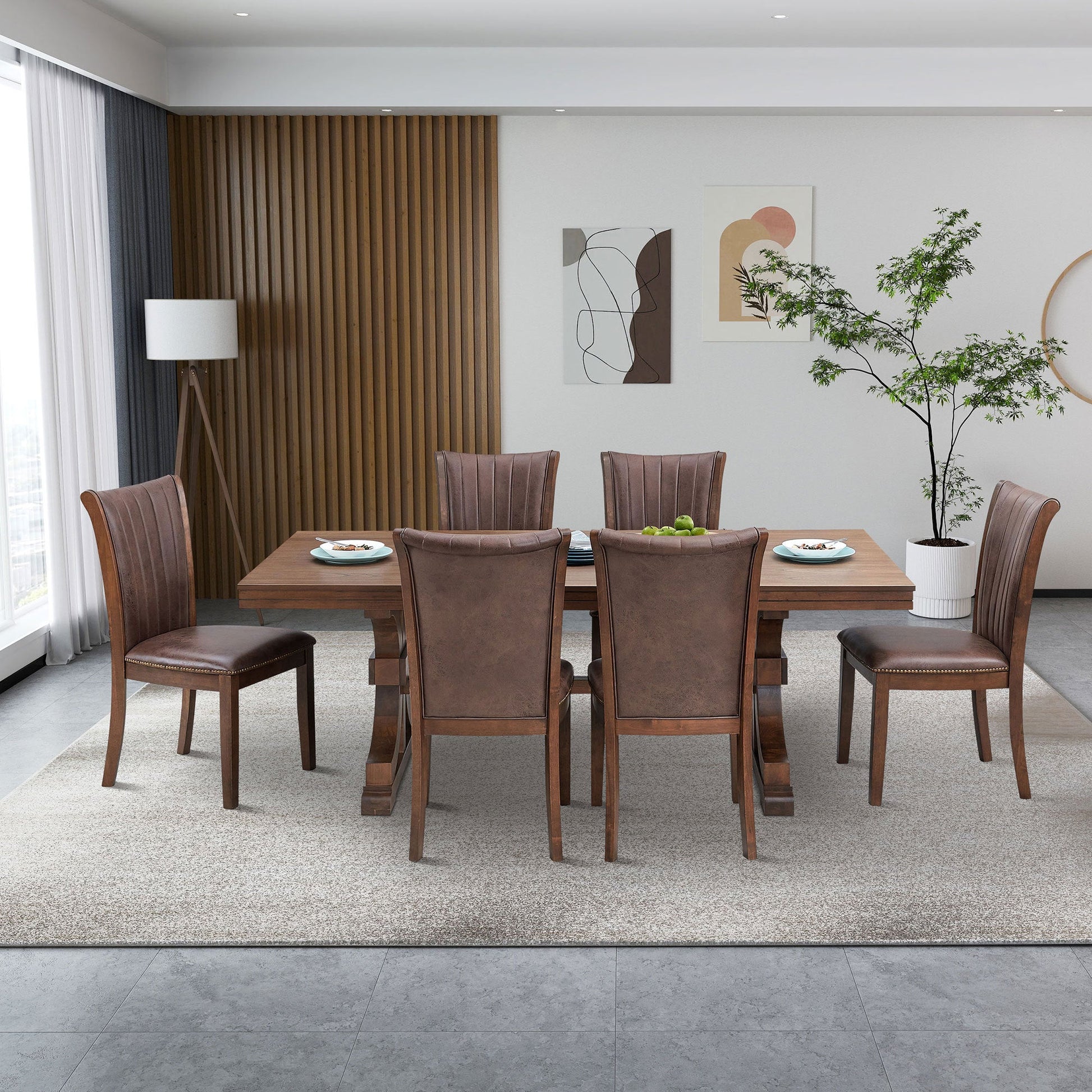 78.74''Rectangular Rubber Wood Dining Table for 6 - 8 with Wooden Trestle Pedestal Base,Mid Century Modern Kitchen Wooden Table Dinner Table for Dining Room, Living Room,OAK - 1st Choice Furniture Direct