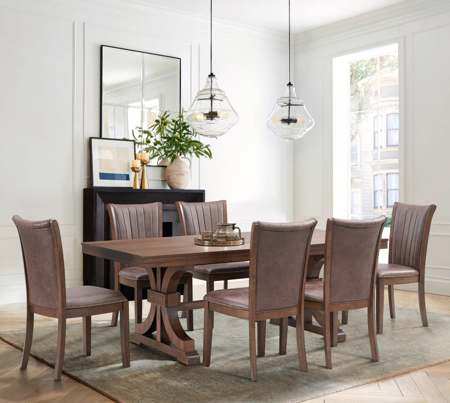 78.74''Rectangular Rubber Wood Dining Table for 6 - 8 with Wooden Trestle Pedestal Base,Mid Century Modern Kitchen Wooden Table Dinner Table for Dining Room, Living Room,OAK - 1st Choice Furniture Direct
