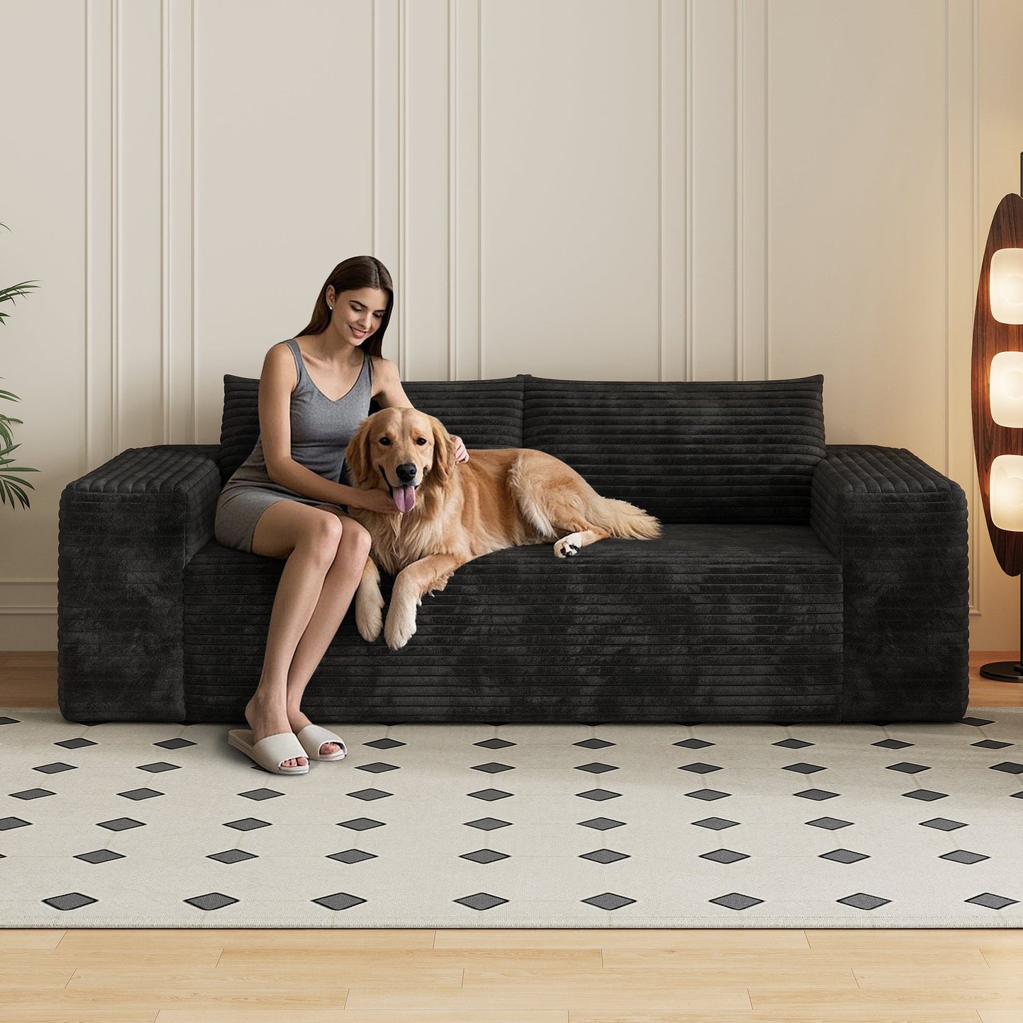 78.8' 3Setaser Sofa,Corduroy Fabric,Deep Seat Couches,Comfy Loveseat Sofa,No Assembly,1pcs for Living room, Bedroom,Conference room ,Apartment,Black - 1st Choice Furniture Direct
