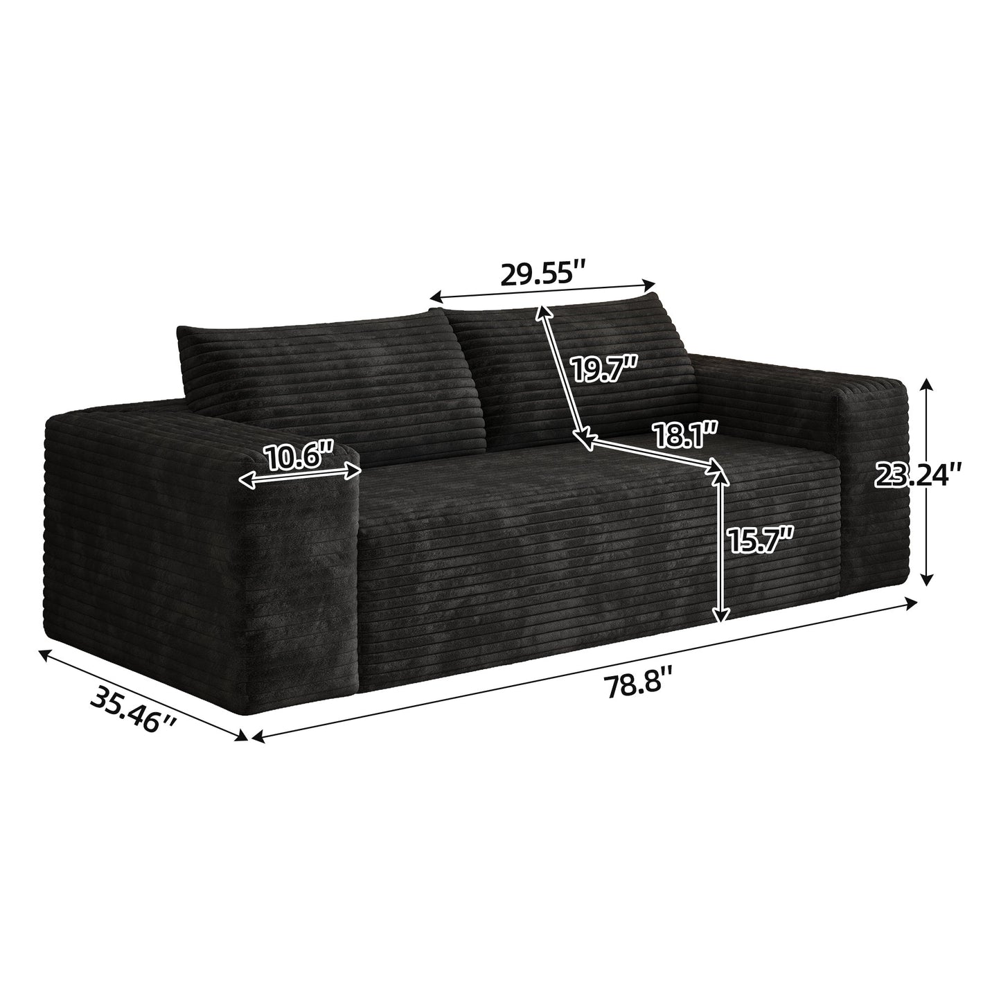 78.8' 3Setaser Sofa,Corduroy Fabric,Deep Seat Couches,Comfy Loveseat Sofa,No Assembly,1pcs for Living room, Bedroom,Conference room ,Apartment,Black - 1st Choice Furniture Direct
