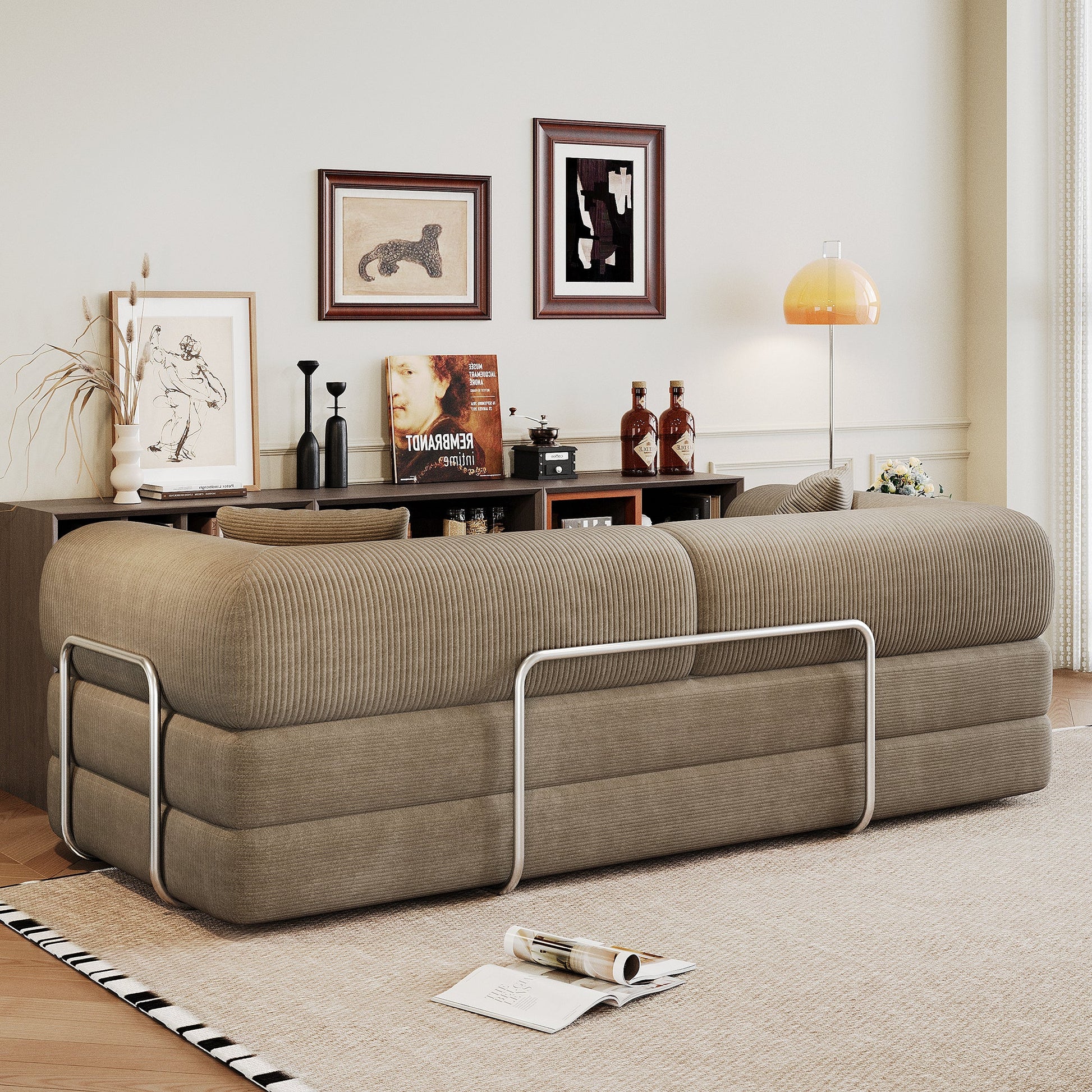 78.8' Compression Sofa,Convertible Floor Sofa Bed - with Pillow Back Support Armrest,Comfy Futon Couch Sleeper Bed,Loveseats Boneless Modular Sectional Sofa,Corduroy fabric,for Living Room,Bedroom,Camel - 1st Choice Furniture Direct