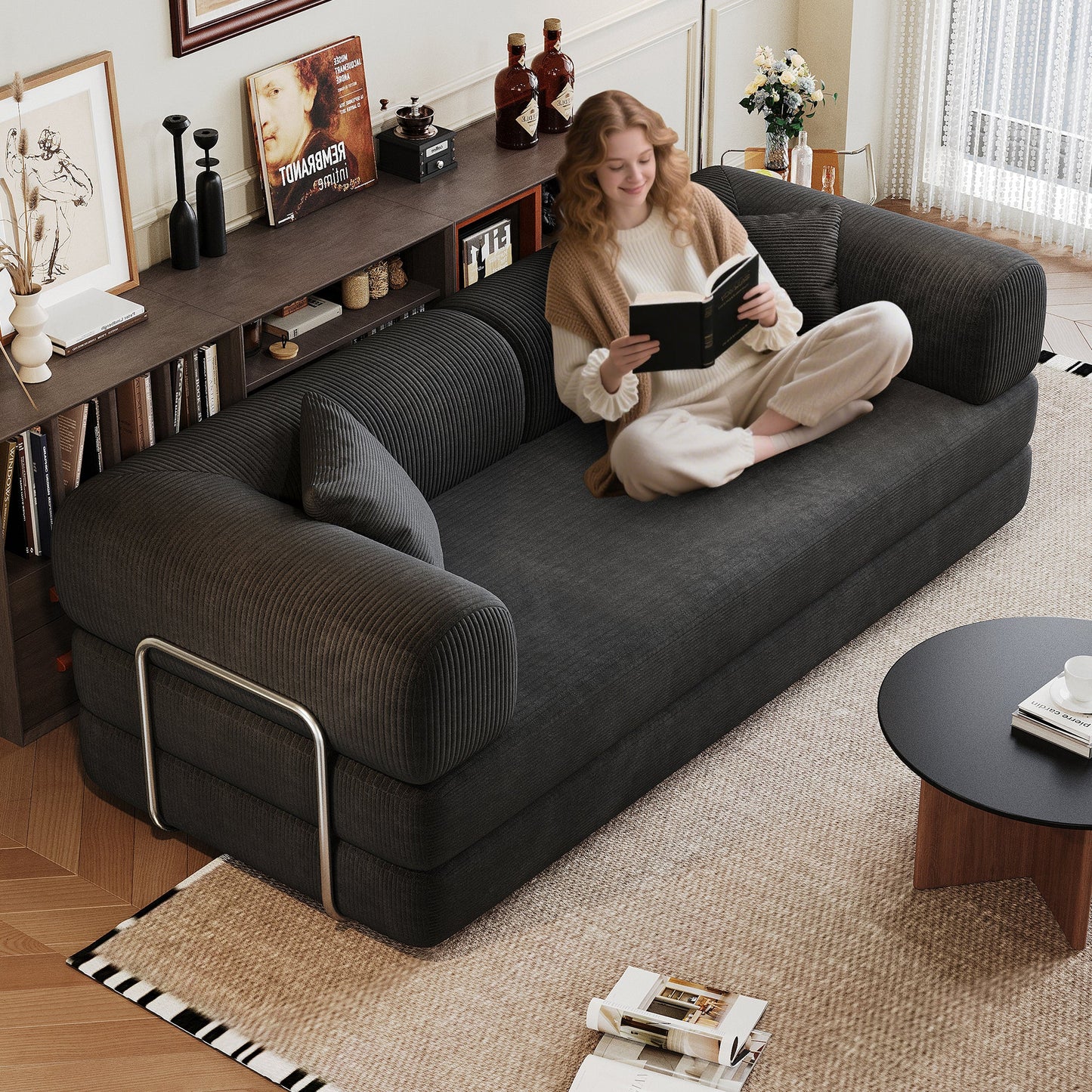 78.8' Compression Sofa,Convertible Floor Sofa Bed - with Pillow Back Support Armrest,Comfy Futon Couch Sleeper Bed,Loveseats Boneless Modular Sectional Sofa,Corduroy fabric,for Living Room,Bedroom,Black - 1st Choice Furniture Direct