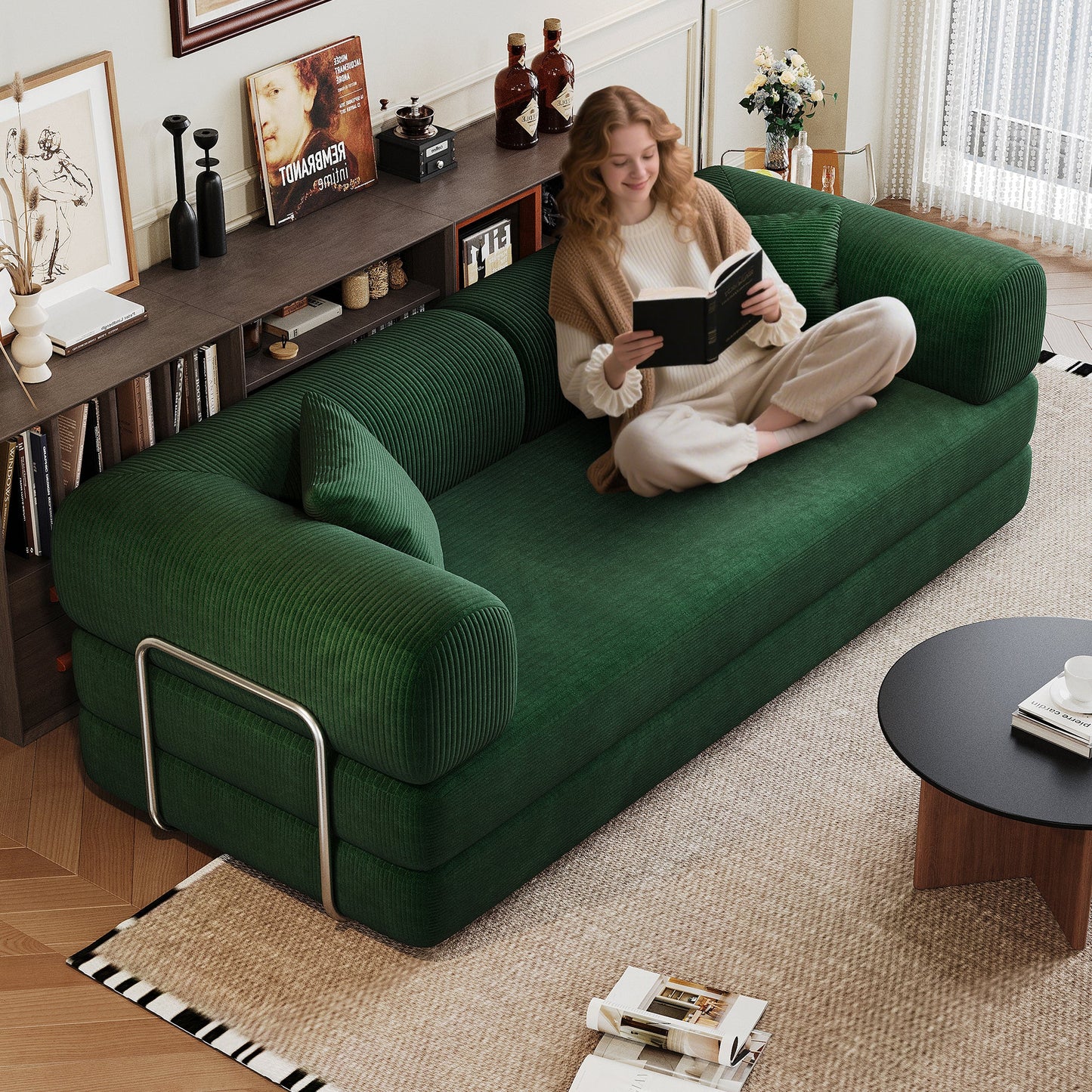 78.8' Compression Sofa,Convertible Floor Sofa Bed - with Pillow Back Support Armrest,Comfy Futon Couch Sleeper Bed,Loveseats Boneless Modular Sectional Sofa,Corduroy fabric,for Living Room,Bedroom,Green - 1st Choice Furniture Direct
