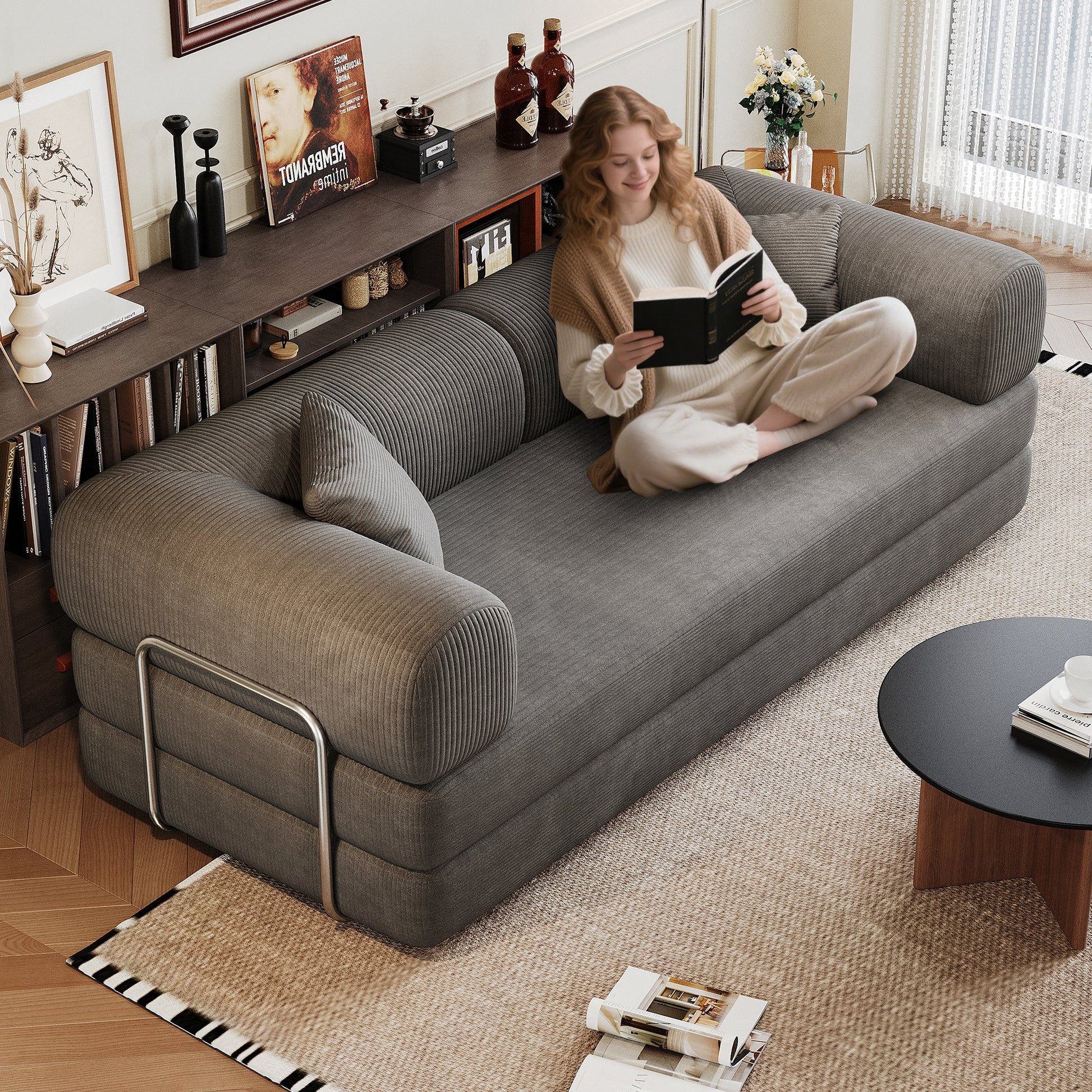 78.8' Compression Sofa,Convertible Floor Sofa Bed - with Pillow Back Support Armrest,Comfy Futon Couch Sleeper Bed,Loveseats Boneless Modular Sectional Sofa,Corduroy fabric,for Living Room,Bedroom,Grey - 1st Choice Furniture Direct