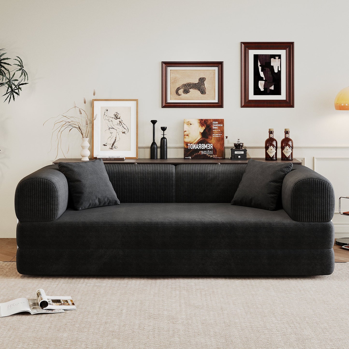 78.8' Compression Sofa,Convertible Floor Sofa Bed - with Pillow Back Support Armrest,Comfy Futon Couch Sleeper Bed,Loveseats Boneless Modular Sectional Sofa,Corduroy fabric,for Living Room,Bedroom,Black - 1st Choice Furniture Direct