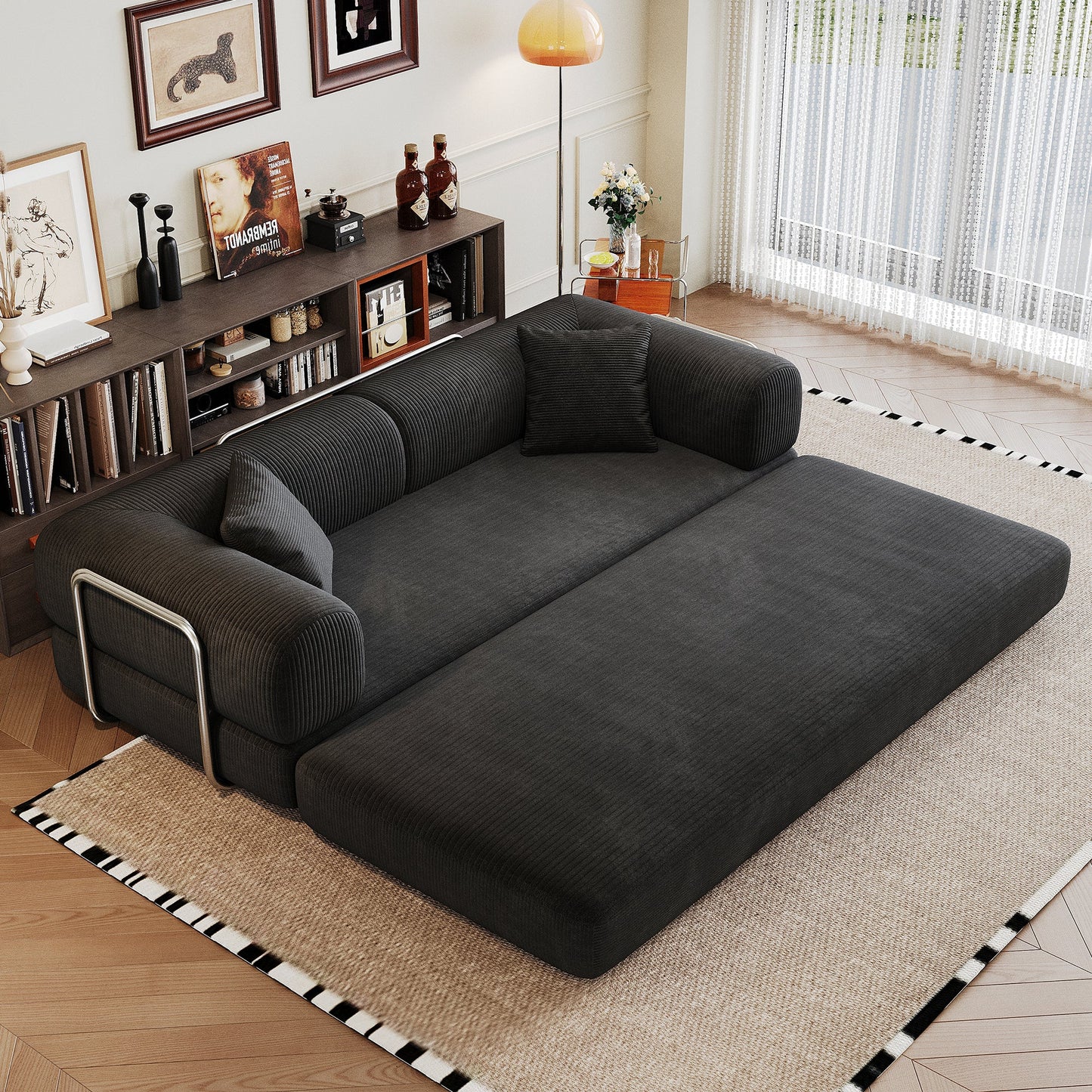 78.8' Compression Sofa,Convertible Floor Sofa Bed - with Pillow Back Support Armrest,Comfy Futon Couch Sleeper Bed,Loveseats Boneless Modular Sectional Sofa,Corduroy fabric,for Living Room,Bedroom,Black - 1st Choice Furniture Direct