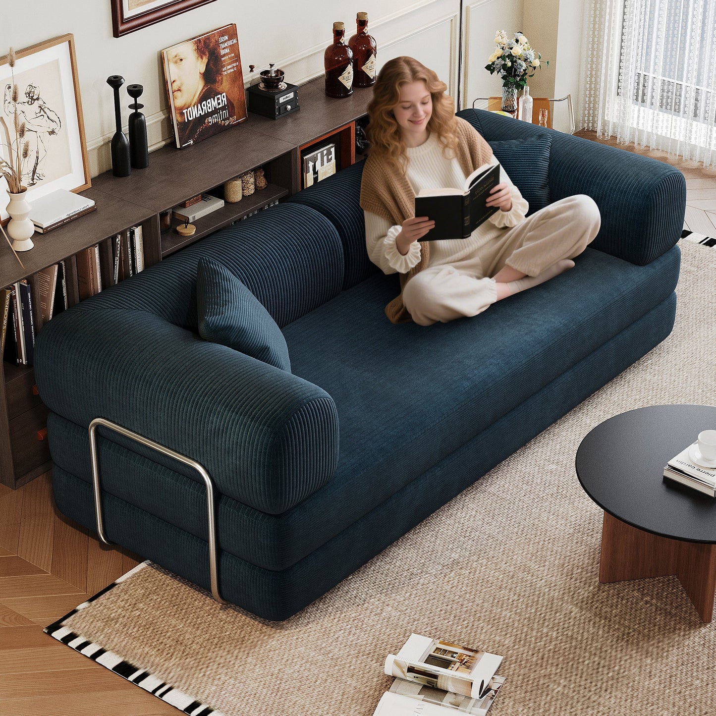 78.8' Compression Sofa,Convertible Floor Sofa Bed - with Pillow Back Support Armrest,Comfy Futon Couch Sleeper Bed,Loveseats Boneless Modular Sectional Sofa,Corduroy fabric,for Living Room,Bedroom,Blue - 1st Choice Furniture Direct