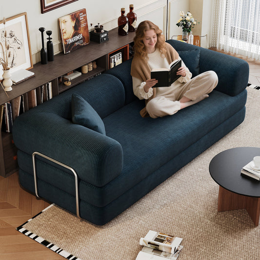78.8' Compression Sofa,Convertible Floor Sofa Bed - with Pillow Back Support Armrest,Comfy Futon Couch Sleeper Bed,Loveseats Boneless Modular Sectional Sofa,Corduroy fabric,for Living Room,Bedroom,Blue - 1st Choice Furniture Direct