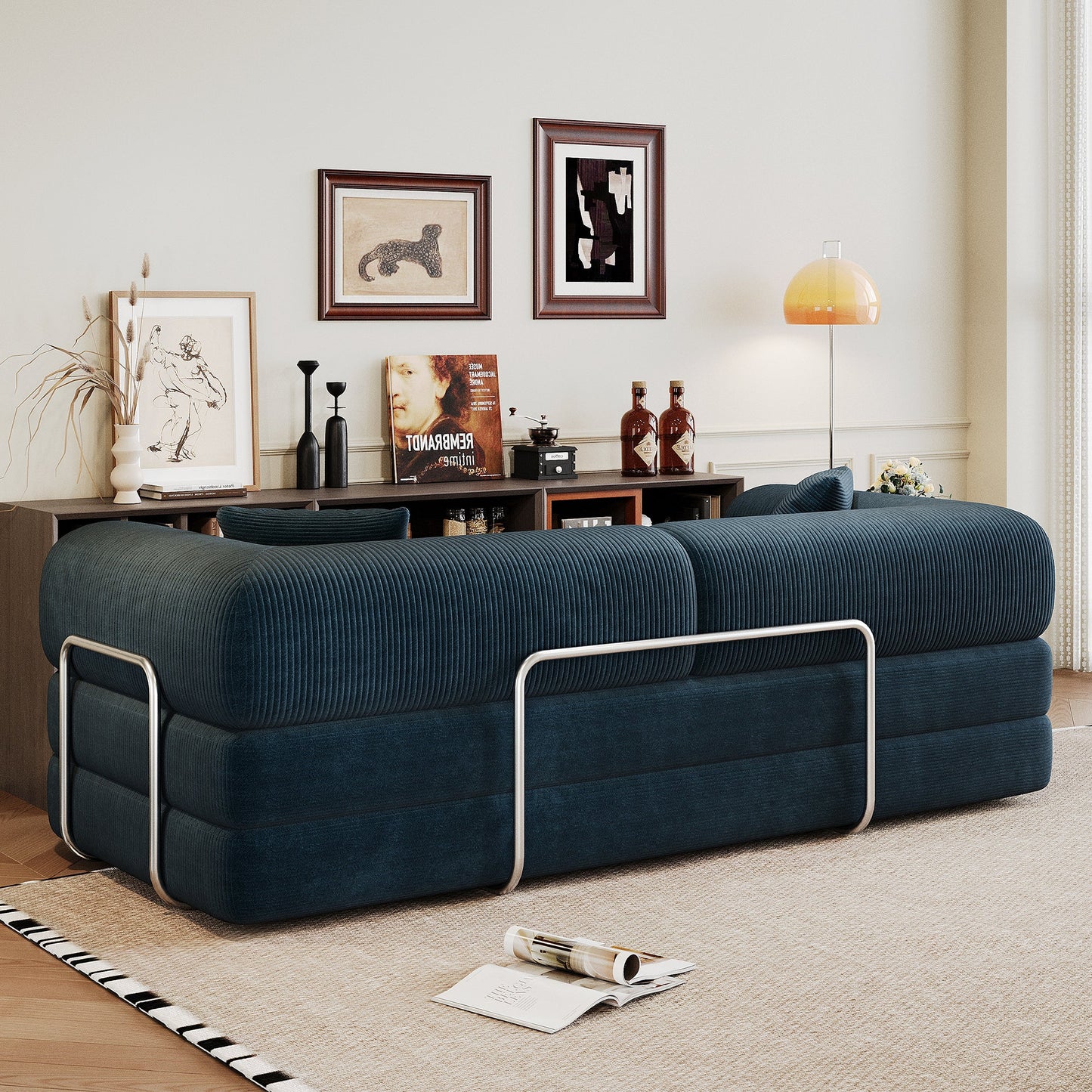 78.8' Compression Sofa,Convertible Floor Sofa Bed - with Pillow Back Support Armrest,Comfy Futon Couch Sleeper Bed,Loveseats Boneless Modular Sectional Sofa,Corduroy fabric,for Living Room,Bedroom,Blue - 1st Choice Furniture Direct