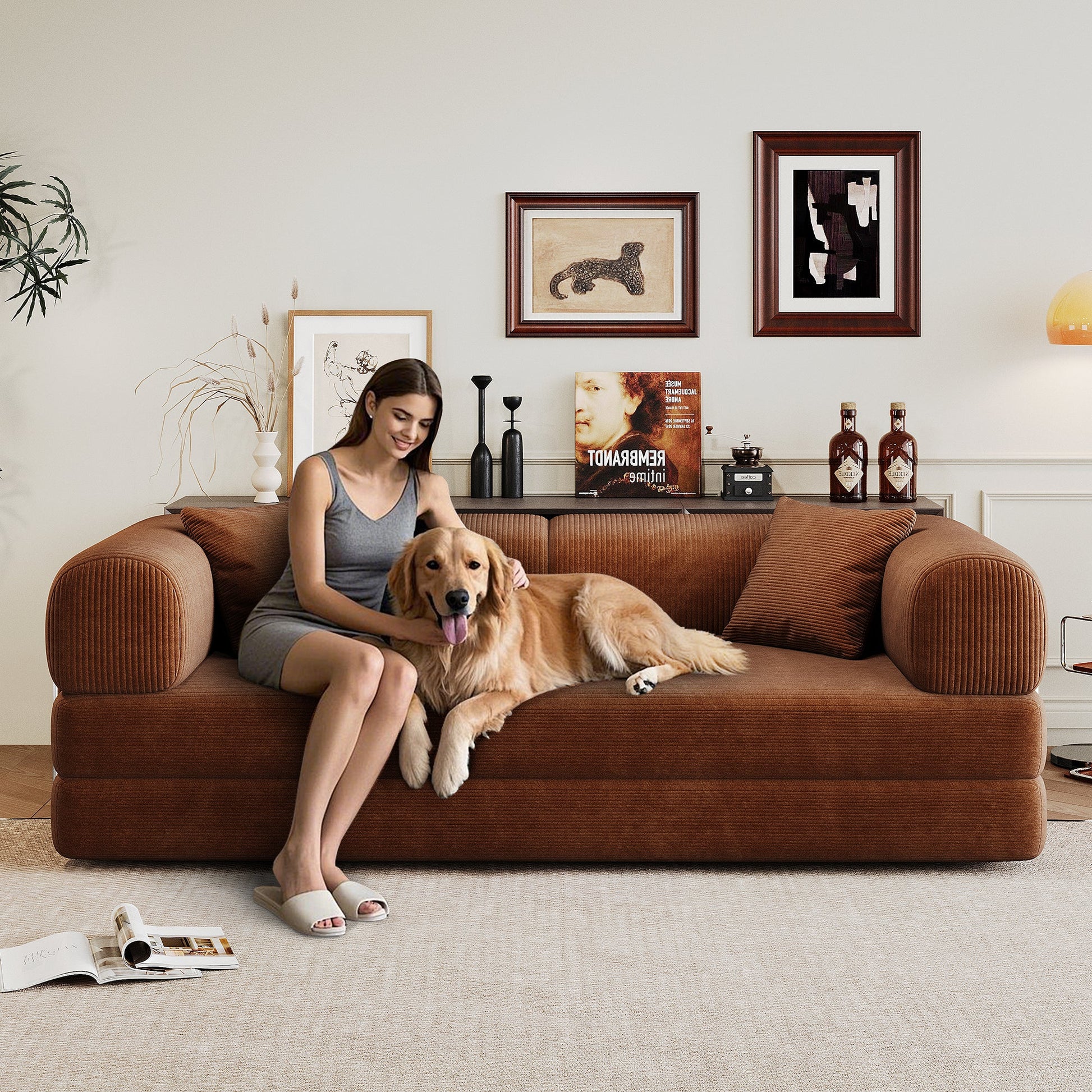 78.8' Compression Sofa,Convertible Floor Sofa Bed - with Pillow Back Support Armrest,Comfy Futon Couch Sleeper Bed,Loveseats Boneless Modular Sectional Sofa,Corduroy fabric,for Living Room,Bedroom,Brown - 1st Choice Furniture Direct