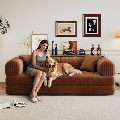 78.8' Compression Sofa,Convertible Floor Sofa Bed - with Pillow Back Support Armrest,Comfy Futon Couch Sleeper Bed,Loveseats Boneless Modular Sectional Sofa,Corduroy fabric,for Living Room,Bedroom,Brown - 1st Choice Furniture Direct