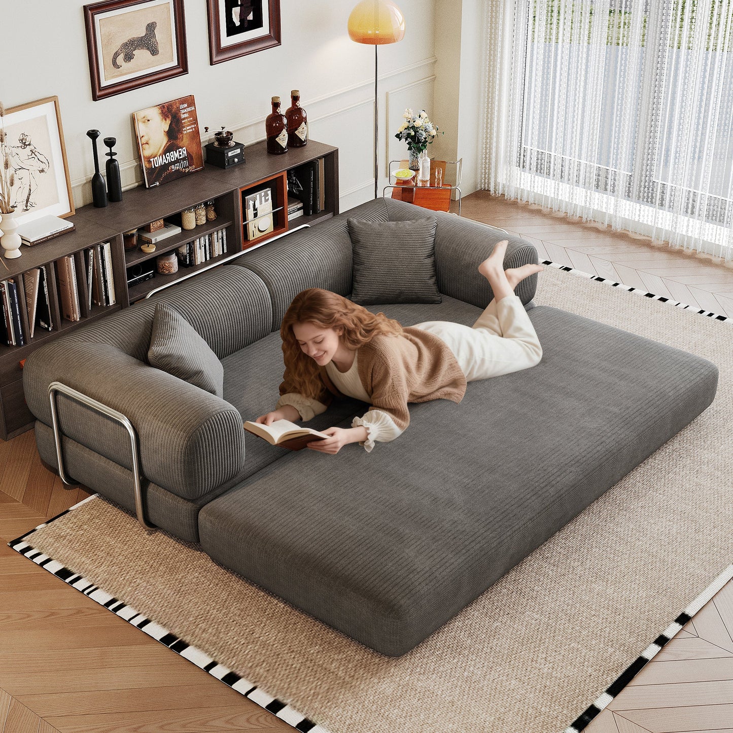 78.8' Compression Sofa,Convertible Floor Sofa Bed - with Pillow Back Support Armrest,Comfy Futon Couch Sleeper Bed,Loveseats Boneless Modular Sectional Sofa,Corduroy fabric,for Living Room,Bedroom,Grey - 1st Choice Furniture Direct