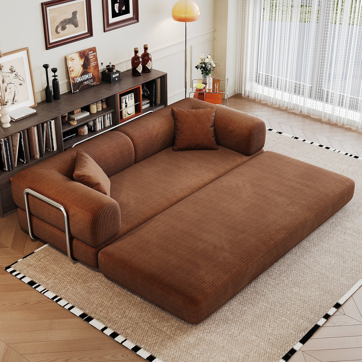 78.8' Compression Sofa,Convertible Floor Sofa Bed - with Pillow Back Support Armrest,Comfy Futon Couch Sleeper Bed,Loveseats Boneless Modular Sectional Sofa,Corduroy fabric,for Living Room,Bedroom,Brown - 1st Choice Furniture Direct
