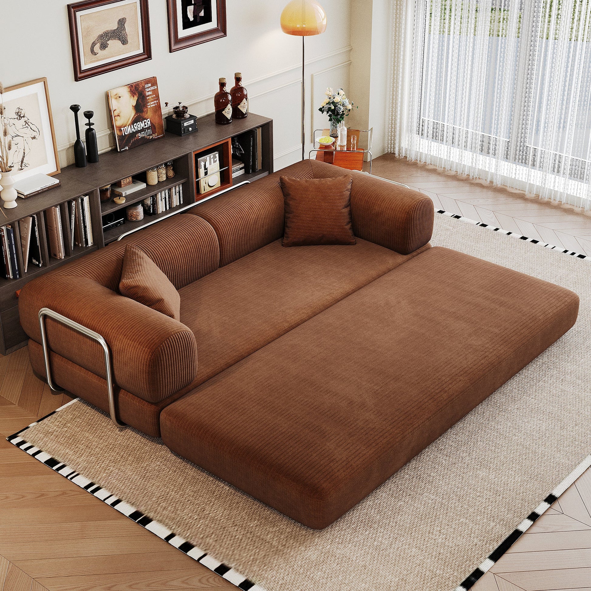 78.8' Compression Sofa,Convertible Floor Sofa Bed - with Pillow Back Support Armrest,Comfy Futon Couch Sleeper Bed,Loveseats Boneless Modular Sectional Sofa,Corduroy fabric,for Living Room,Bedroom,Brown - 1st Choice Furniture Direct
