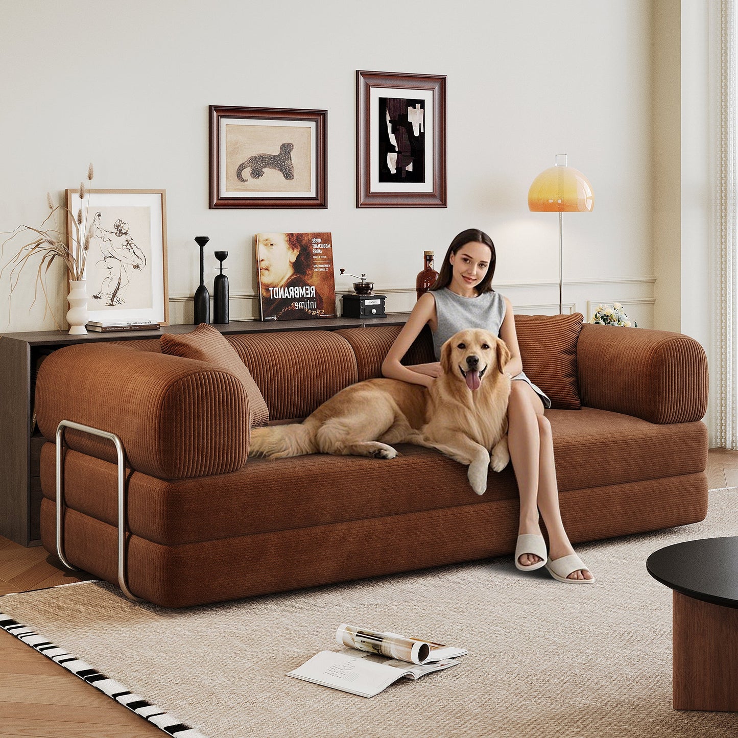 78.8' Compression Sofa,Convertible Floor Sofa Bed - with Pillow Back Support Armrest,Comfy Futon Couch Sleeper Bed,Loveseats Boneless Modular Sectional Sofa,Corduroy fabric,for Living Room,Bedroom,Brown - 1st Choice Furniture Direct