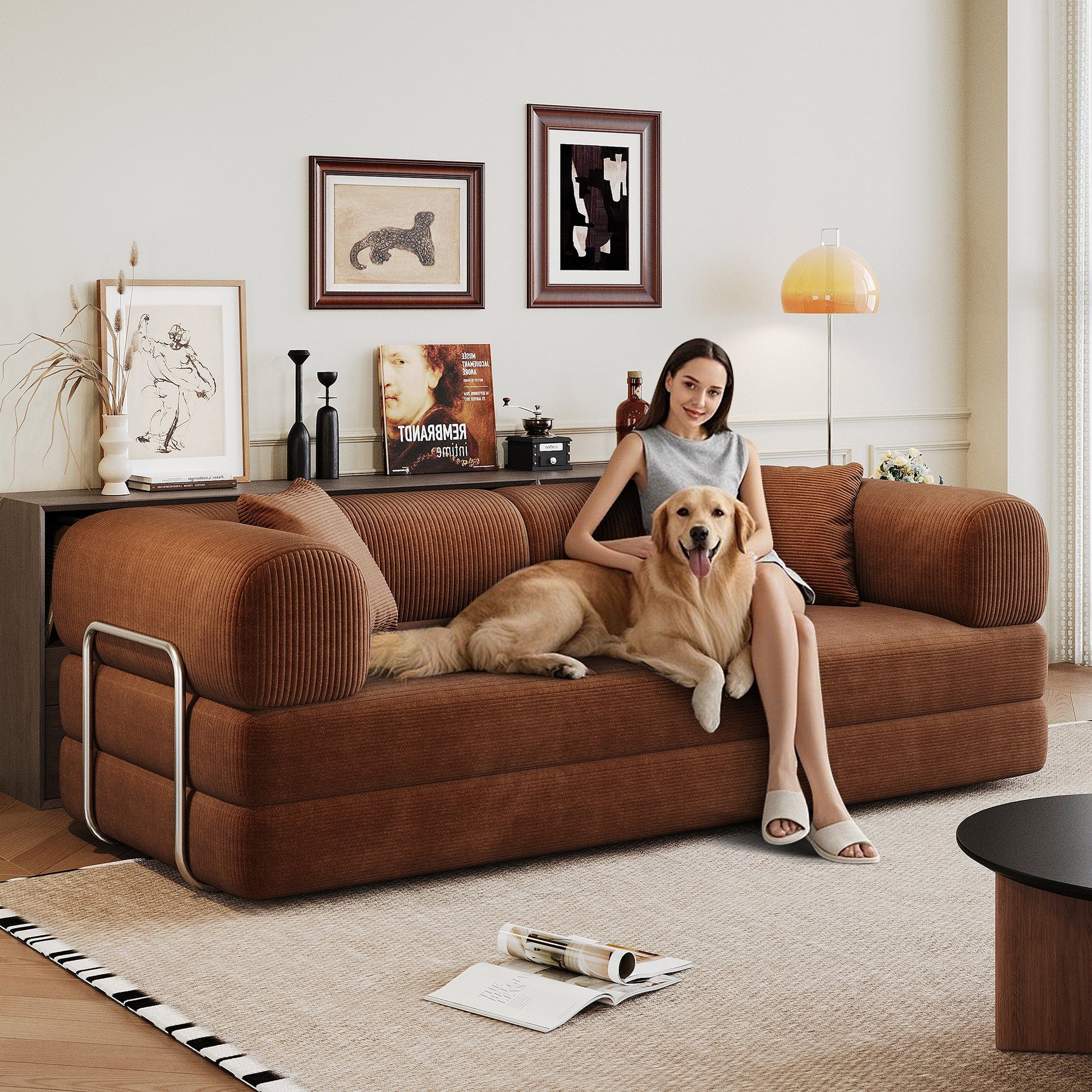 78.8' Compression Sofa,Convertible Floor Sofa Bed - with Pillow Back Support Armrest,Comfy Futon Couch Sleeper Bed,Loveseats Boneless Modular Sectional Sofa,Corduroy fabric,for Living Room,Bedroom,Brown - 1st Choice Furniture Direct