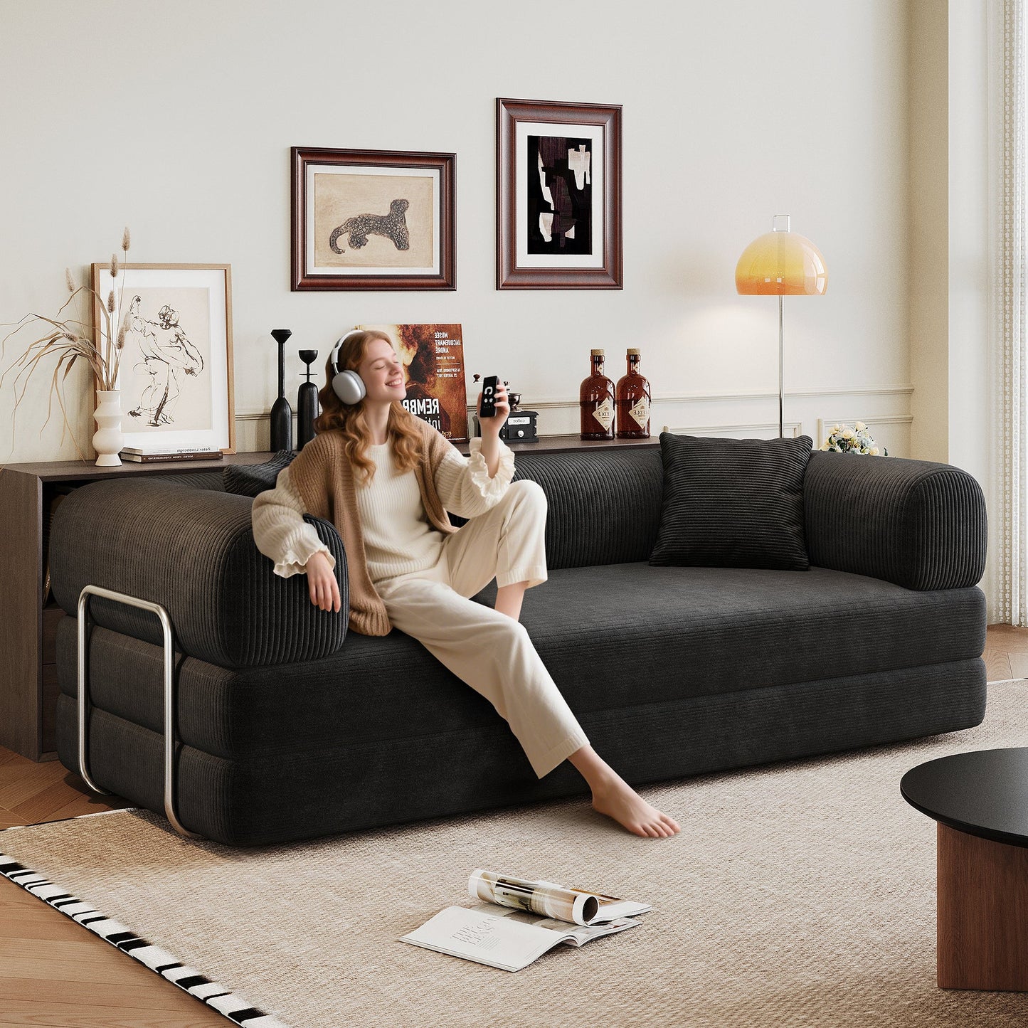 78.8' Compression Sofa,Convertible Floor Sofa Bed - with Pillow Back Support Armrest,Comfy Futon Couch Sleeper Bed,Loveseats Boneless Modular Sectional Sofa,Corduroy fabric,for Living Room,Bedroom,Black - 1st Choice Furniture Direct