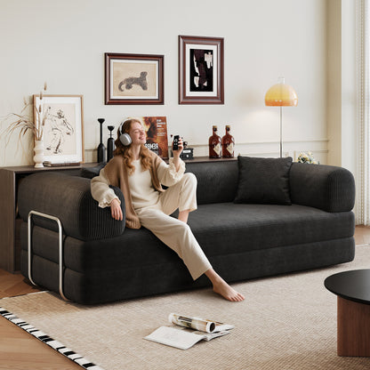 78.8' Compression Sofa,Convertible Floor Sofa Bed - with Pillow Back Support Armrest,Comfy Futon Couch Sleeper Bed,Loveseats Boneless Modular Sectional Sofa,Corduroy fabric,for Living Room,Bedroom,Black - 1st Choice Furniture Direct