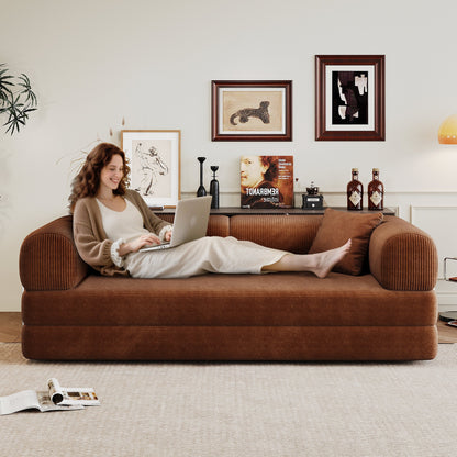 78.8' Compression Sofa,Convertible Floor Sofa Bed - with Pillow Back Support Armrest,Comfy Futon Couch Sleeper Bed,Loveseats Boneless Modular Sectional Sofa,Corduroy fabric,for Living Room,Bedroom,Brown - 1st Choice Furniture Direct