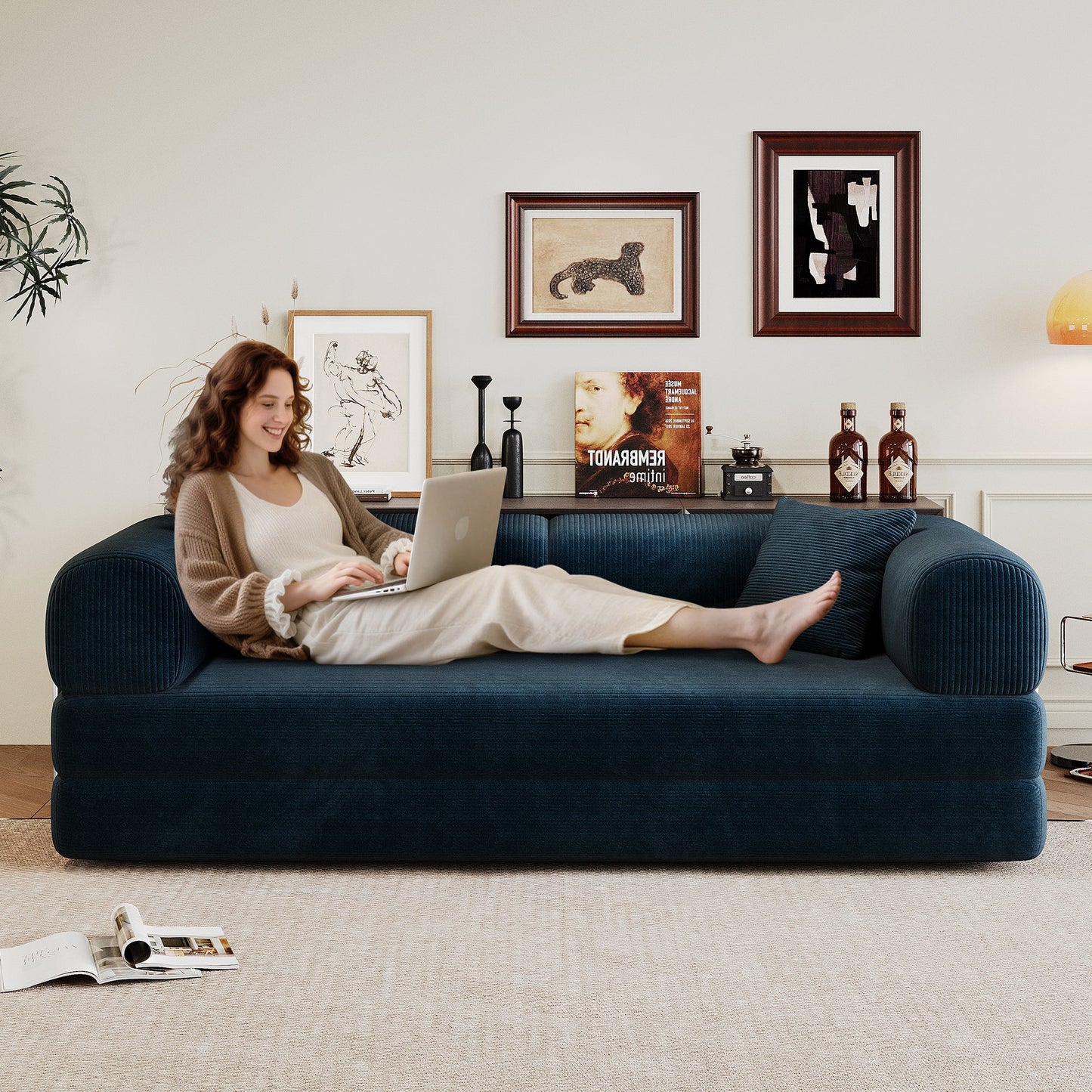 78.8' Compression Sofa,Convertible Floor Sofa Bed - with Pillow Back Support Armrest,Comfy Futon Couch Sleeper Bed,Loveseats Boneless Modular Sectional Sofa,Corduroy fabric,for Living Room,Bedroom,Blue - 1st Choice Furniture Direct