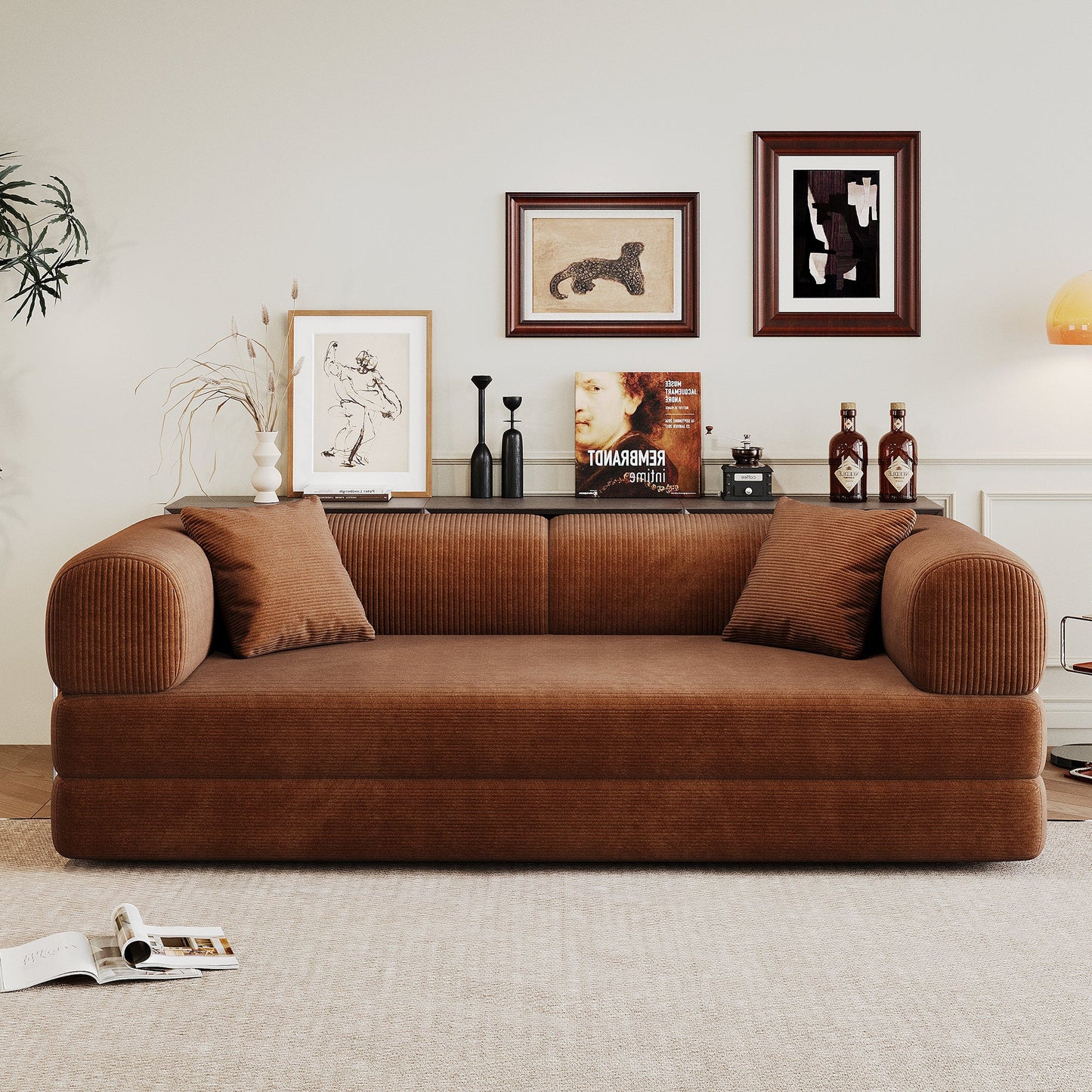 78.8' Compression Sofa,Convertible Floor Sofa Bed - with Pillow Back Support Armrest,Comfy Futon Couch Sleeper Bed,Loveseats Boneless Modular Sectional Sofa,Corduroy fabric,for Living Room,Bedroom,Brown - 1st Choice Furniture Direct