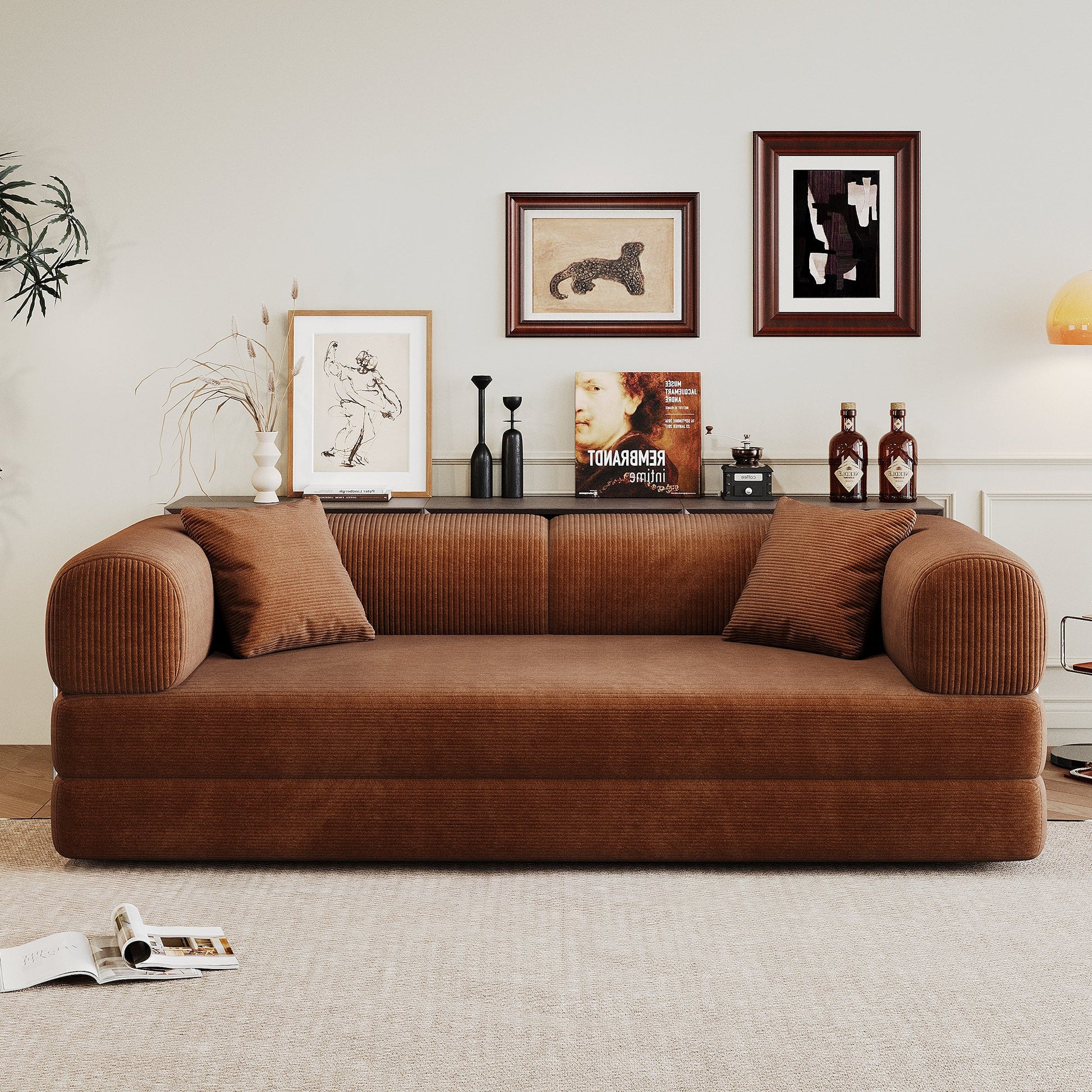78.8' Compression Sofa,Convertible Floor Sofa Bed - with Pillow Back Support Armrest,Comfy Futon Couch Sleeper Bed,Loveseats Boneless Modular Sectional Sofa,Corduroy fabric,for Living Room,Bedroom,Brown - 1st Choice Furniture Direct