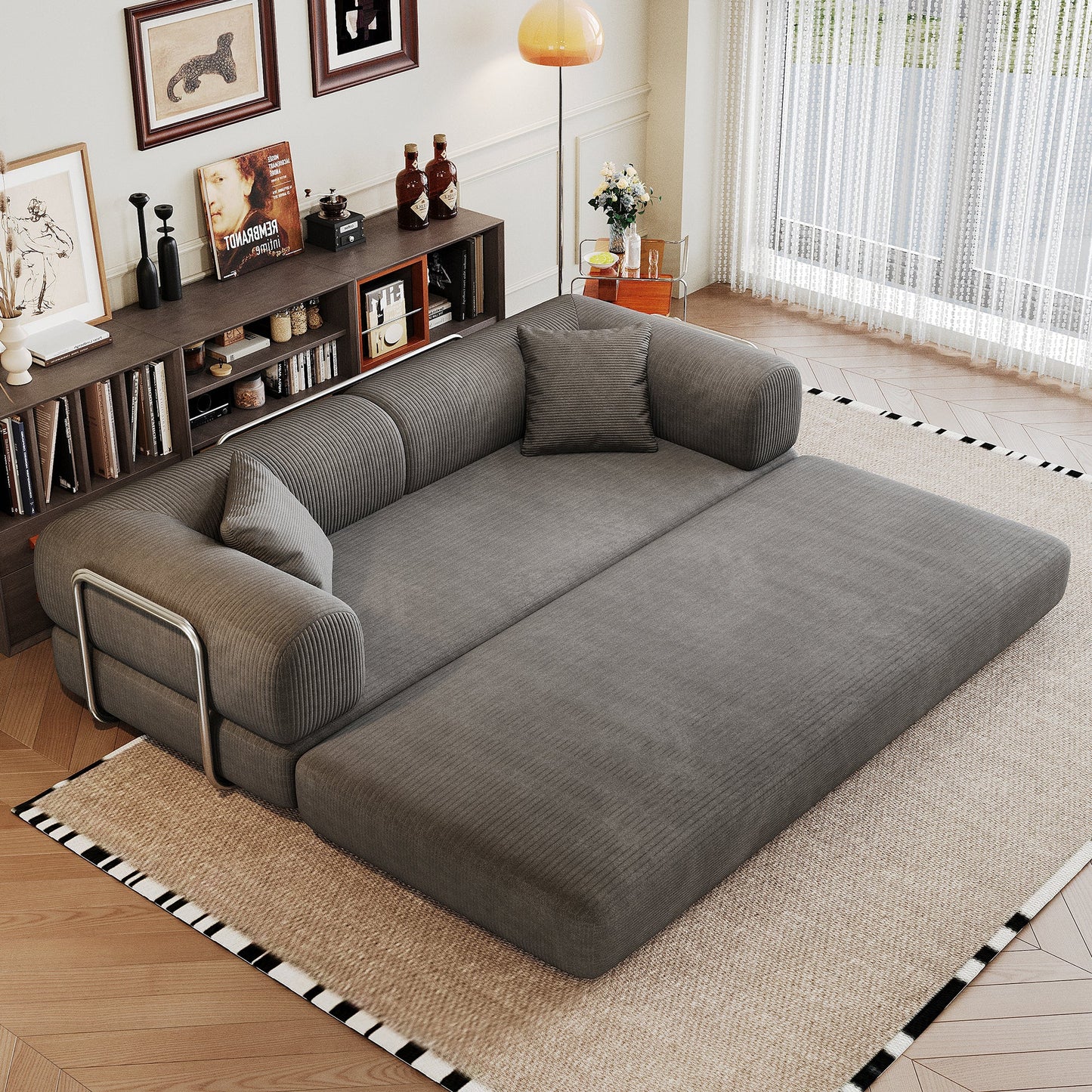 78.8' Compression Sofa,Convertible Floor Sofa Bed - with Pillow Back Support Armrest,Comfy Futon Couch Sleeper Bed,Loveseats Boneless Modular Sectional Sofa,Corduroy fabric,for Living Room,Bedroom,Grey - 1st Choice Furniture Direct