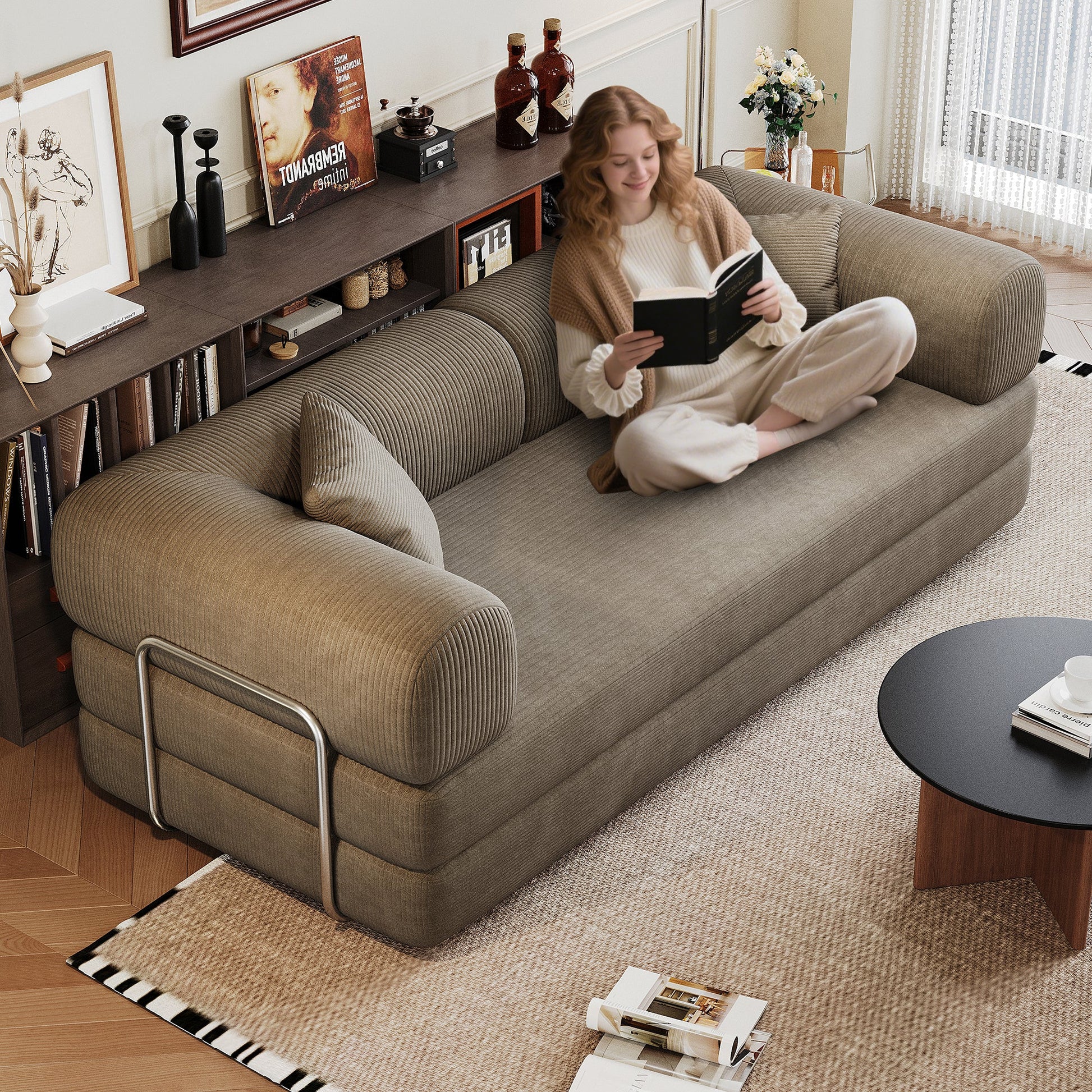 78.8' Compression Sofa,Convertible Floor Sofa Bed - with Pillow Back Support Armrest,Comfy Futon Couch Sleeper Bed,Loveseats Boneless Modular Sectional Sofa,Corduroy fabric,for Living Room,Bedroom,Camel - 1st Choice Furniture Direct