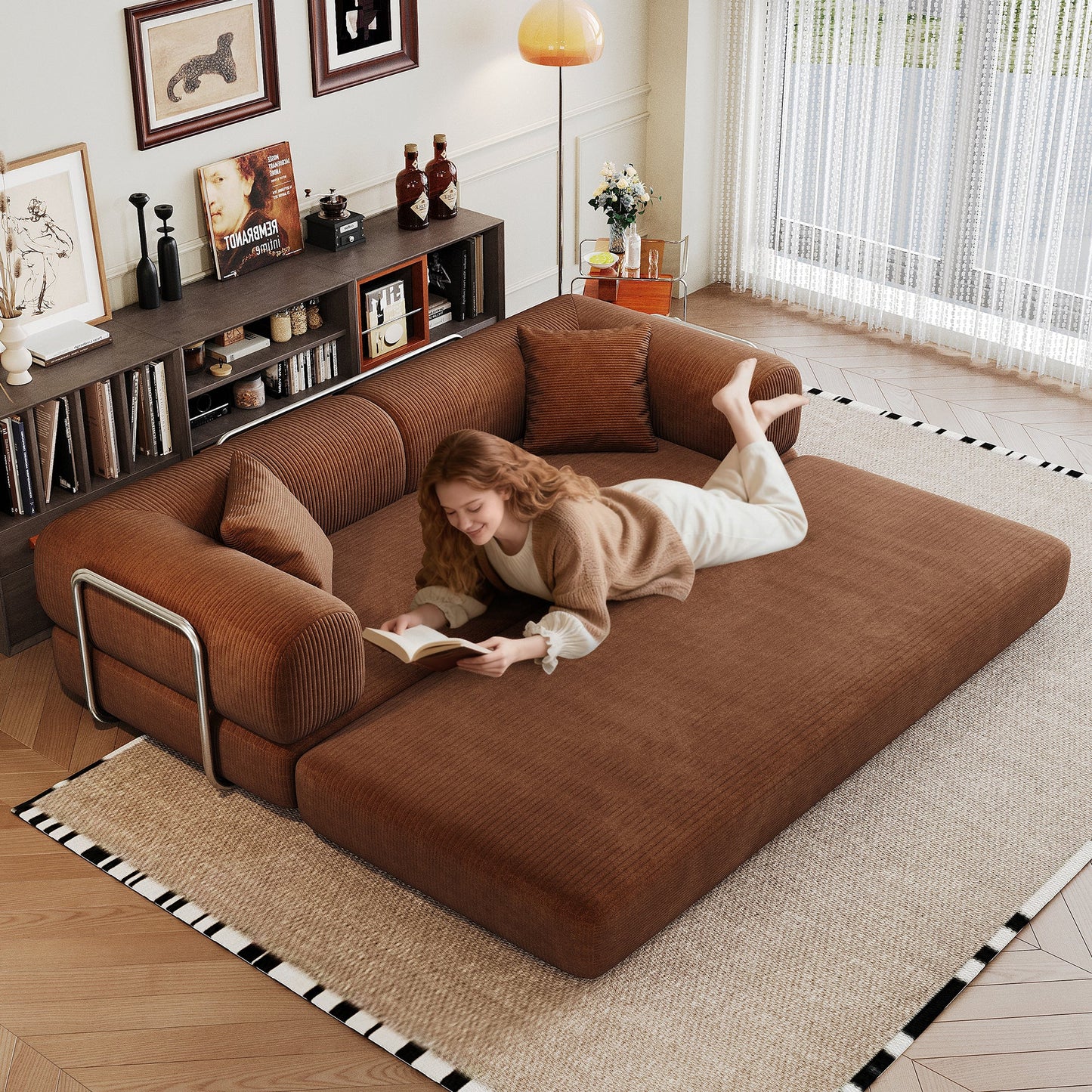 78.8' Compression Sofa,Convertible Floor Sofa Bed - with Pillow Back Support Armrest,Comfy Futon Couch Sleeper Bed,Loveseats Boneless Modular Sectional Sofa,Corduroy fabric,for Living Room,Bedroom,Brown - 1st Choice Furniture Direct