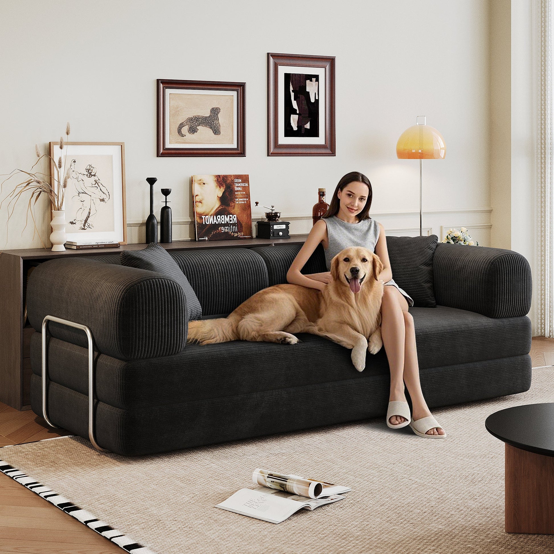 78.8' Compression Sofa,Convertible Floor Sofa Bed - with Pillow Back Support Armrest,Comfy Futon Couch Sleeper Bed,Loveseats Boneless Modular Sectional Sofa,Corduroy fabric,for Living Room,Bedroom,Black - 1st Choice Furniture Direct