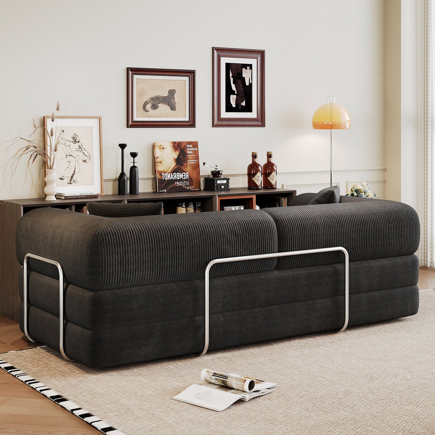 78.8' Compression Sofa,Convertible Floor Sofa Bed - with Pillow Back Support Armrest,Comfy Futon Couch Sleeper Bed,Loveseats Boneless Modular Sectional Sofa,Corduroy fabric,for Living Room,Bedroom,Black - 1st Choice Furniture Direct