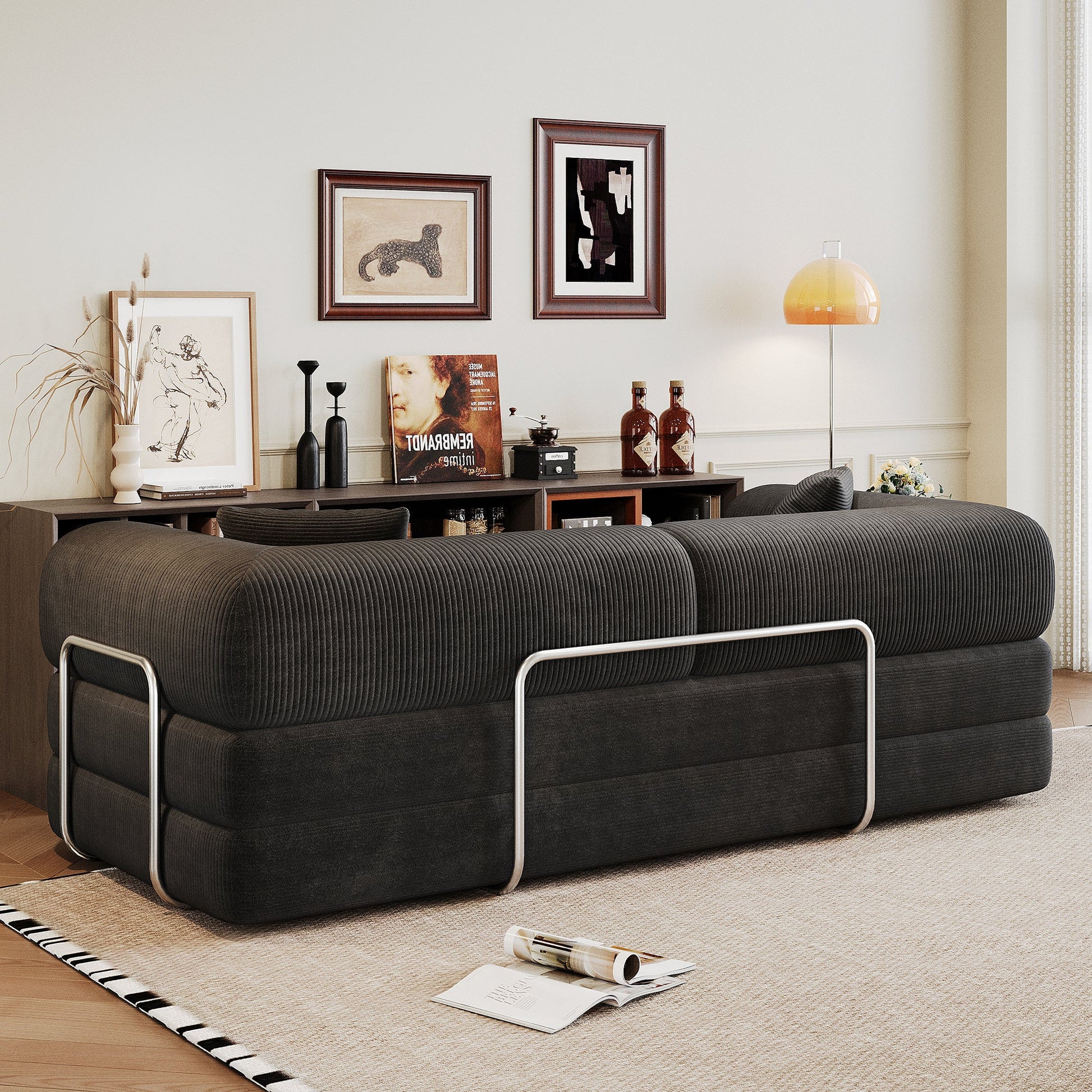 78.8' Compression Sofa,Convertible Floor Sofa Bed - with Pillow Back Support Armrest,Comfy Futon Couch Sleeper Bed,Loveseats Boneless Modular Sectional Sofa,Corduroy fabric,for Living Room,Bedroom,Black - 1st Choice Furniture Direct