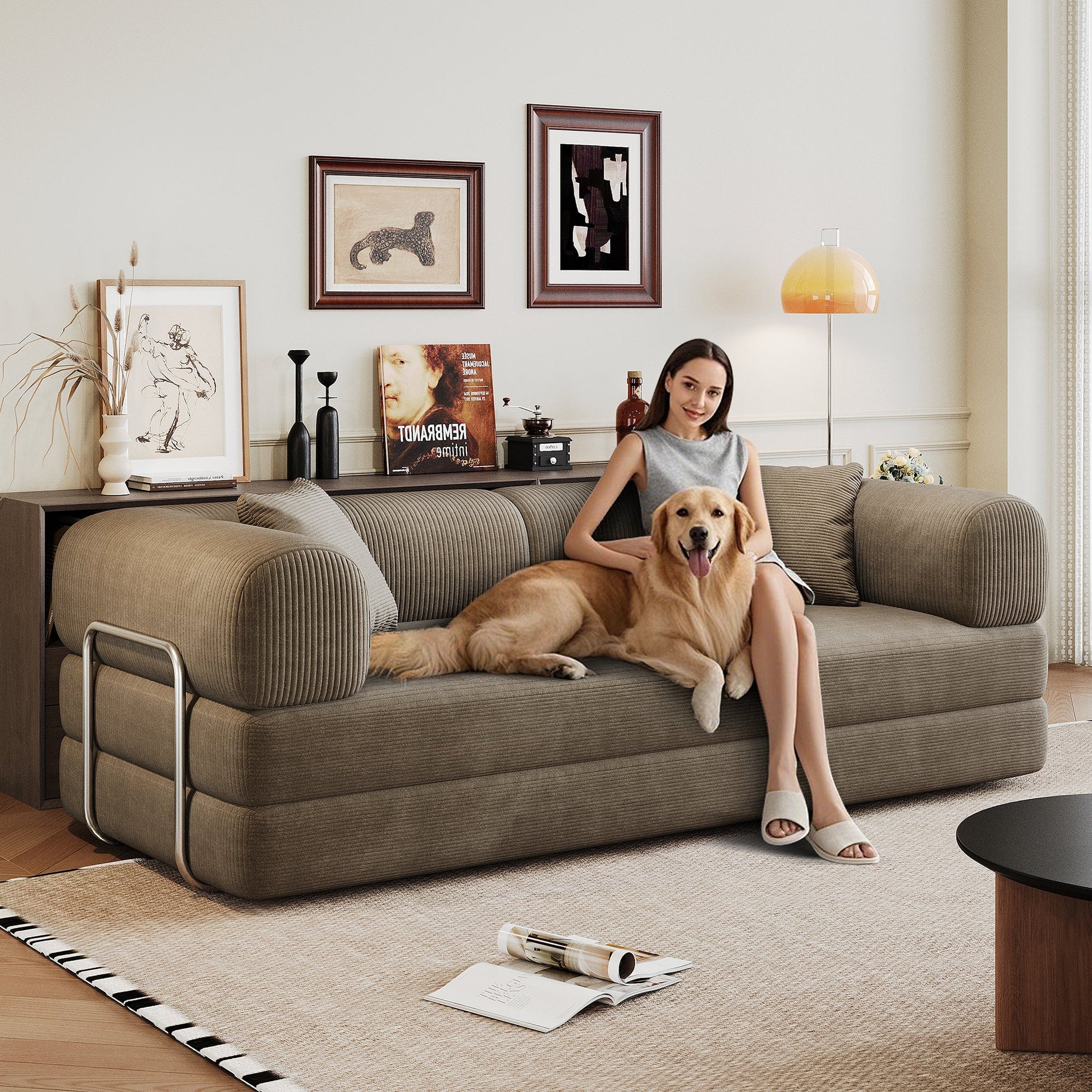 78.8' Compression Sofa,Convertible Floor Sofa Bed - with Pillow Back Support Armrest,Comfy Futon Couch Sleeper Bed,Loveseats Boneless Modular Sectional Sofa,Corduroy fabric,for Living Room,Bedroom,Camel - 1st Choice Furniture Direct