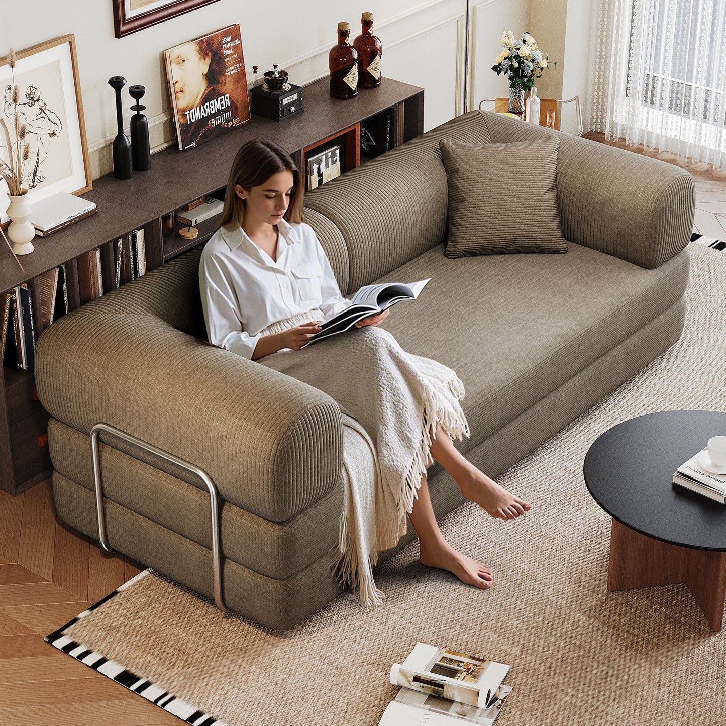 78.8' Compression Sofa,Convertible Floor Sofa Bed - with Pillow Back Support Armrest,Comfy Futon Couch Sleeper Bed,Loveseats Boneless Modular Sectional Sofa,Corduroy fabric,for Living Room,Bedroom,Camel - 1st Choice Furniture Direct