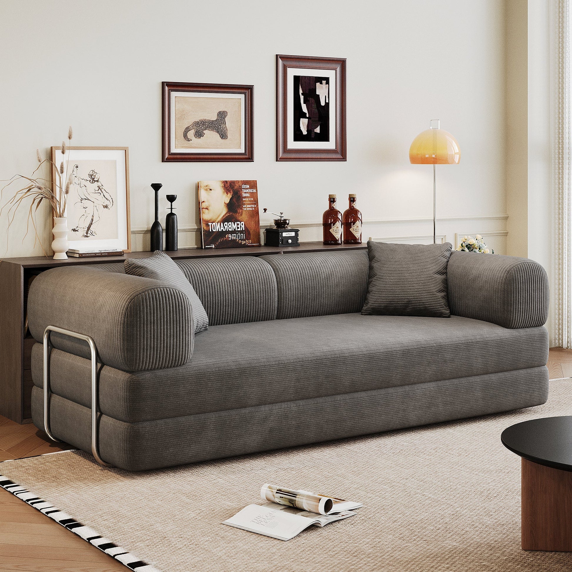 78.8' Compression Sofa,Convertible Floor Sofa Bed - with Pillow Back Support Armrest,Comfy Futon Couch Sleeper Bed,Loveseats Boneless Modular Sectional Sofa,Corduroy fabric,for Living Room,Bedroom,Grey - 1st Choice Furniture Direct