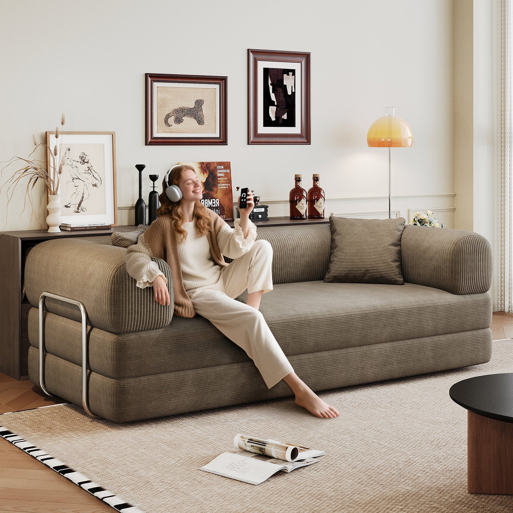 78.8' Compression Sofa,Convertible Floor Sofa Bed - with Pillow Back Support Armrest,Comfy Futon Couch Sleeper Bed,Loveseats Boneless Modular Sectional Sofa,Corduroy fabric,for Living Room,Bedroom,Camel - 1st Choice Furniture Direct