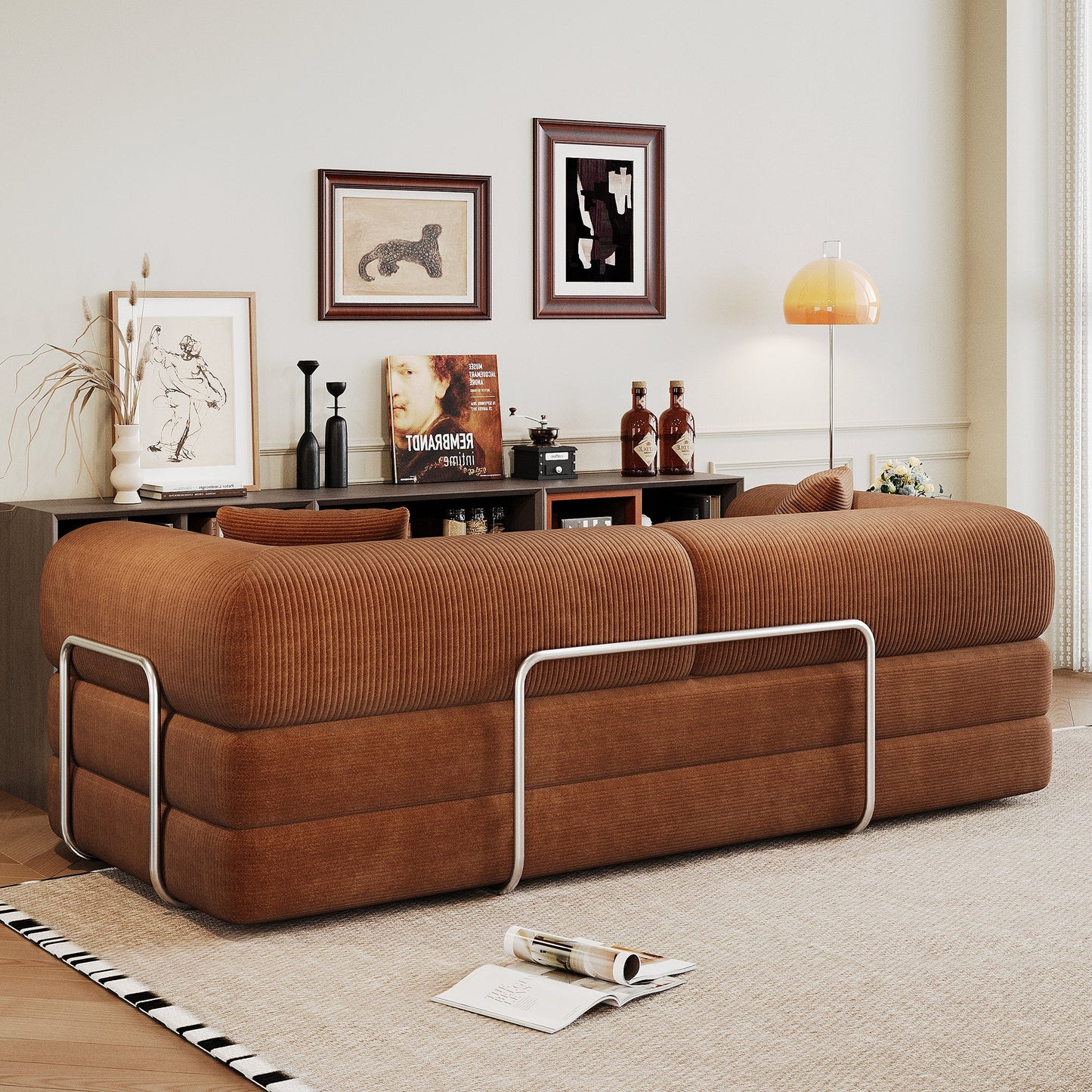 78.8' Compression Sofa,Convertible Floor Sofa Bed - with Pillow Back Support Armrest,Comfy Futon Couch Sleeper Bed,Loveseats Boneless Modular Sectional Sofa,Corduroy fabric,for Living Room,Bedroom,Brown - 1st Choice Furniture Direct