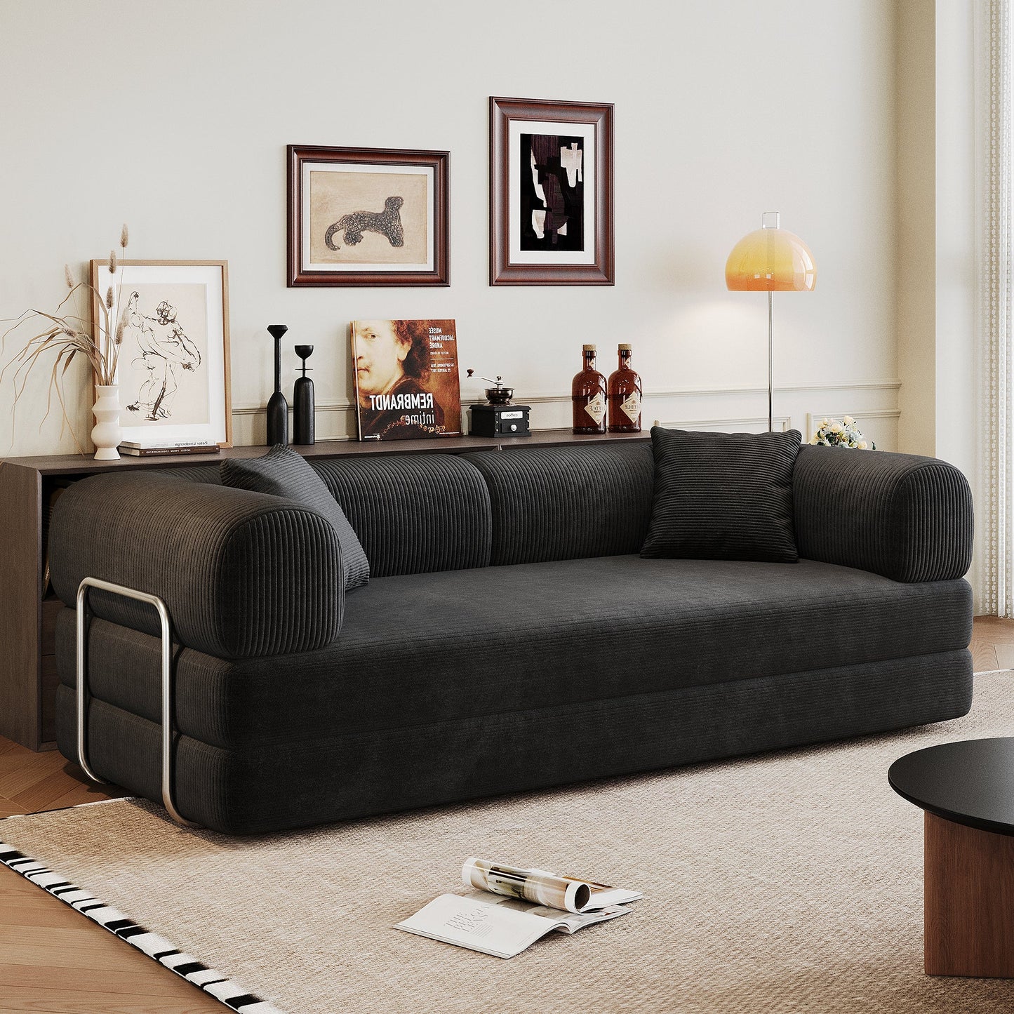 78.8' Compression Sofa,Convertible Floor Sofa Bed - with Pillow Back Support Armrest,Comfy Futon Couch Sleeper Bed,Loveseats Boneless Modular Sectional Sofa,Corduroy fabric,for Living Room,Bedroom,Black - 1st Choice Furniture Direct