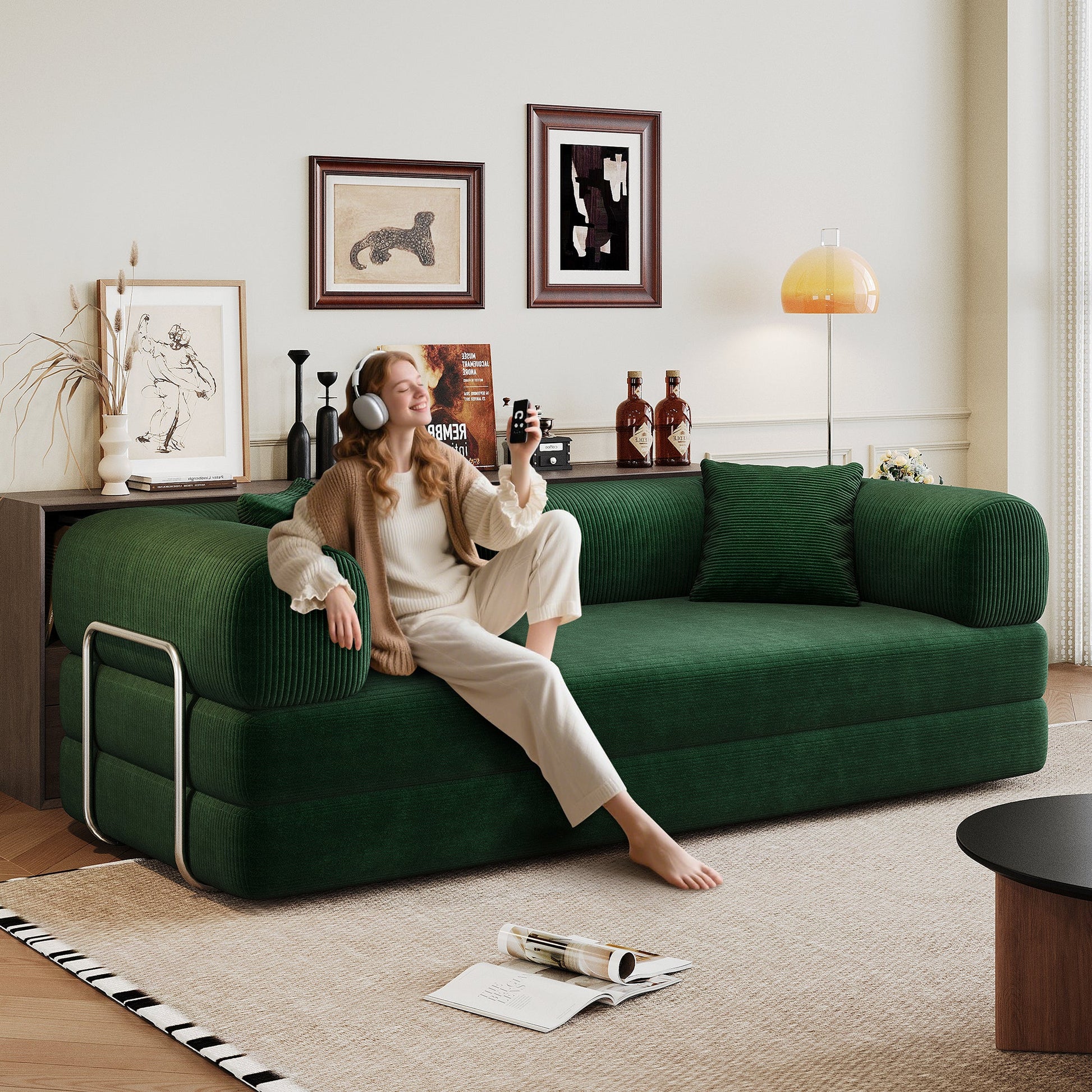 78.8' Compression Sofa,Convertible Floor Sofa Bed - with Pillow Back Support Armrest,Comfy Futon Couch Sleeper Bed,Loveseats Boneless Modular Sectional Sofa,Corduroy fabric,for Living Room,Bedroom,Green - 1st Choice Furniture Direct